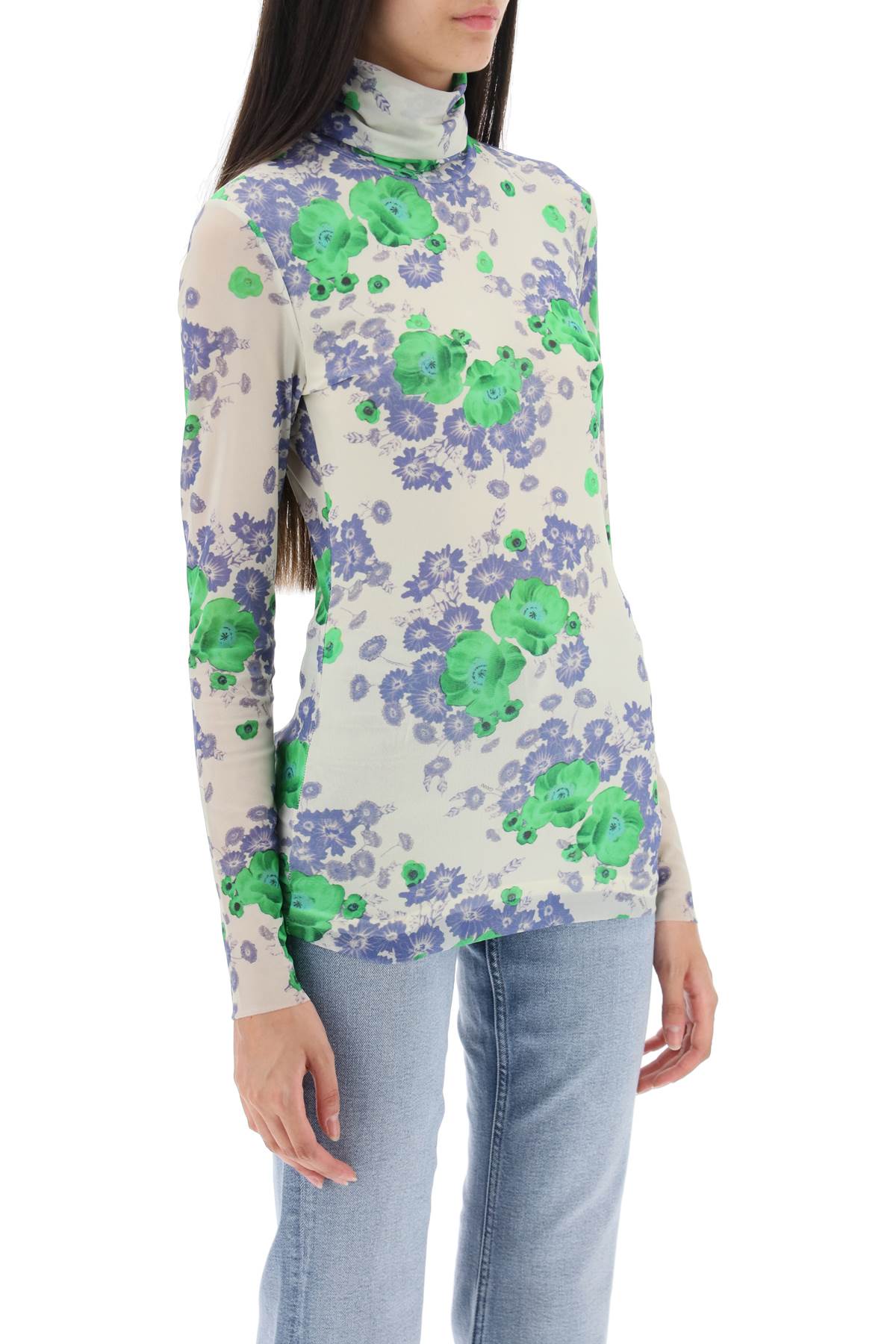 Shop Ganni Long-sleeved Top In Mesh With Floral Pattern In Egret (white)