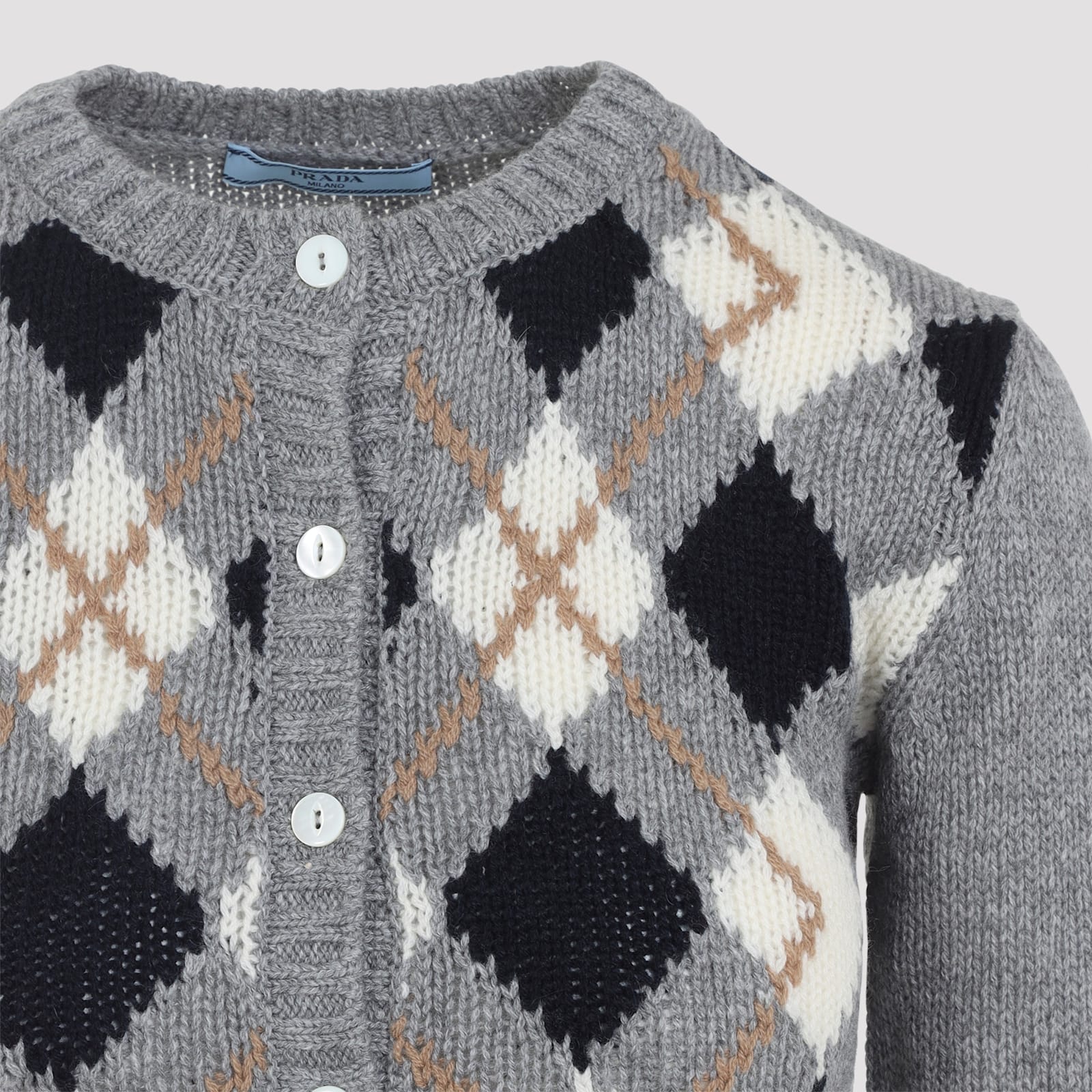 Prada Argyle Pattern Long Sleeve Knitwear Cardigan In Gray