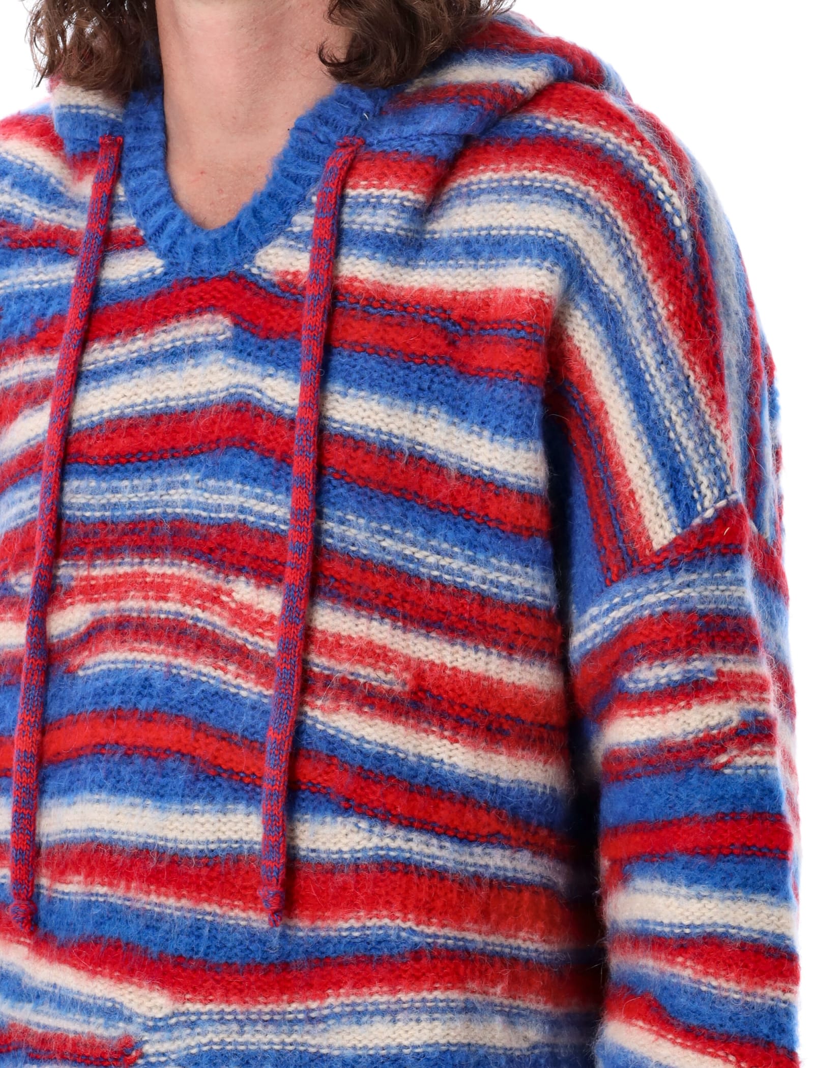 Shop Erl Knitted Hoodie In Red/blue
