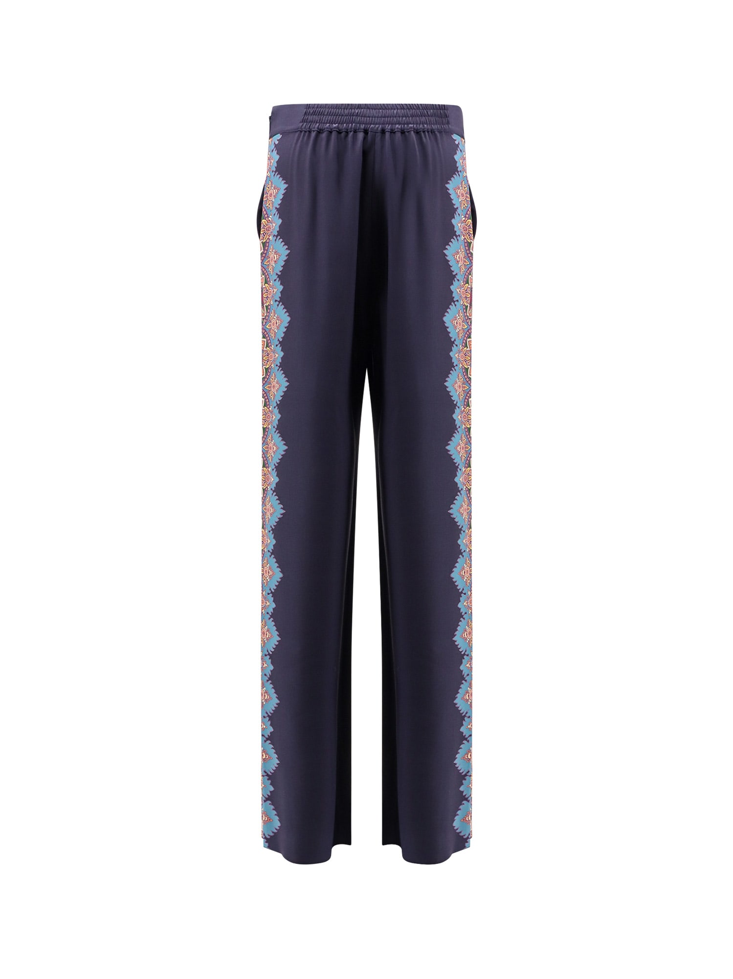 Etro Silk Trousers With Floral Print In Blue