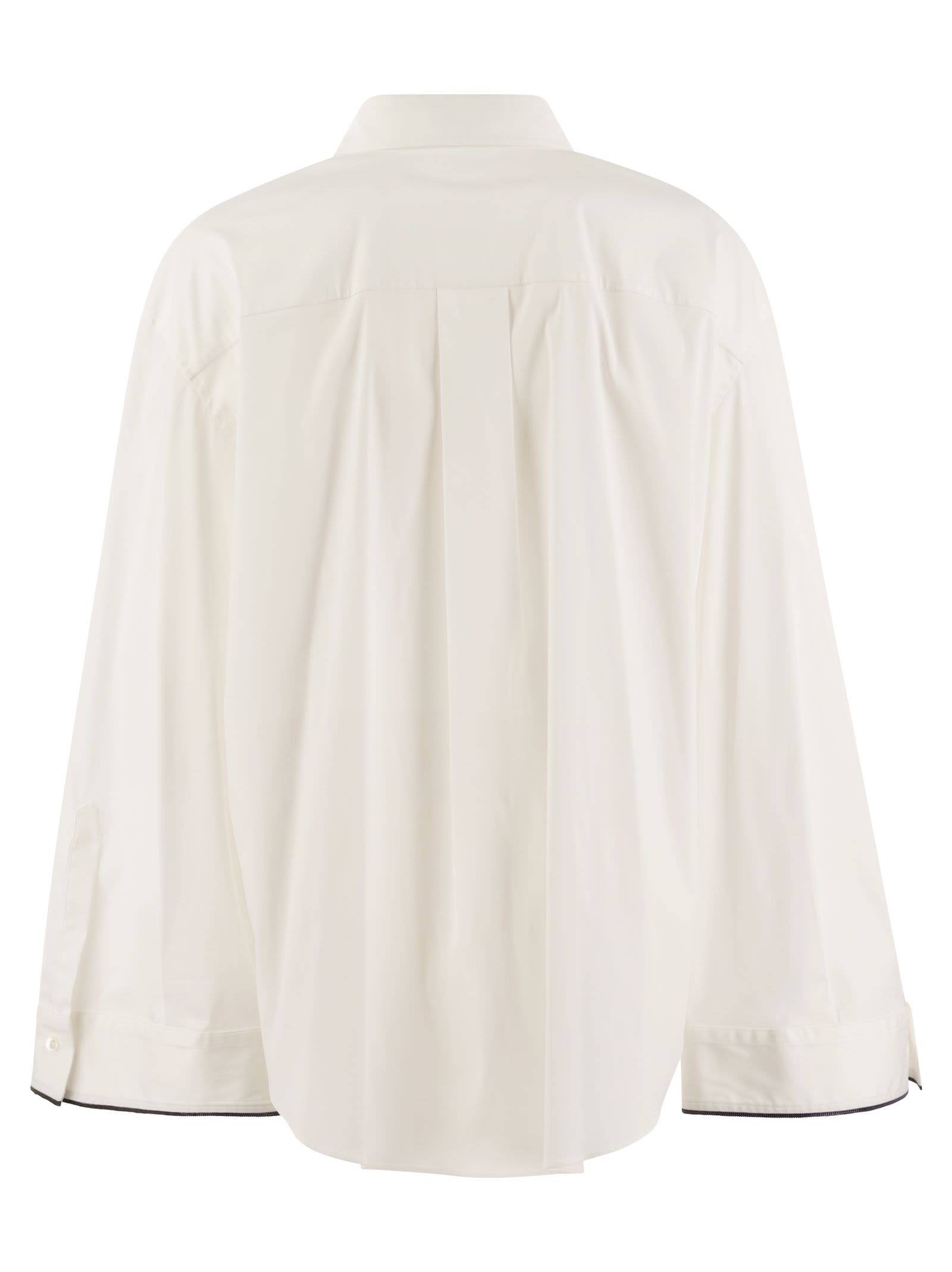 Shop Brunello Cucinelli Stretch Cotton Poplin Shirt With Shiny Cuff Details In White