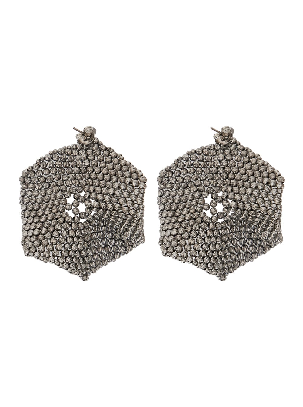 Brunello Cucinelli Metallic Hexagonal Earings With Beads Embellishments In Silver Woman In Metallic