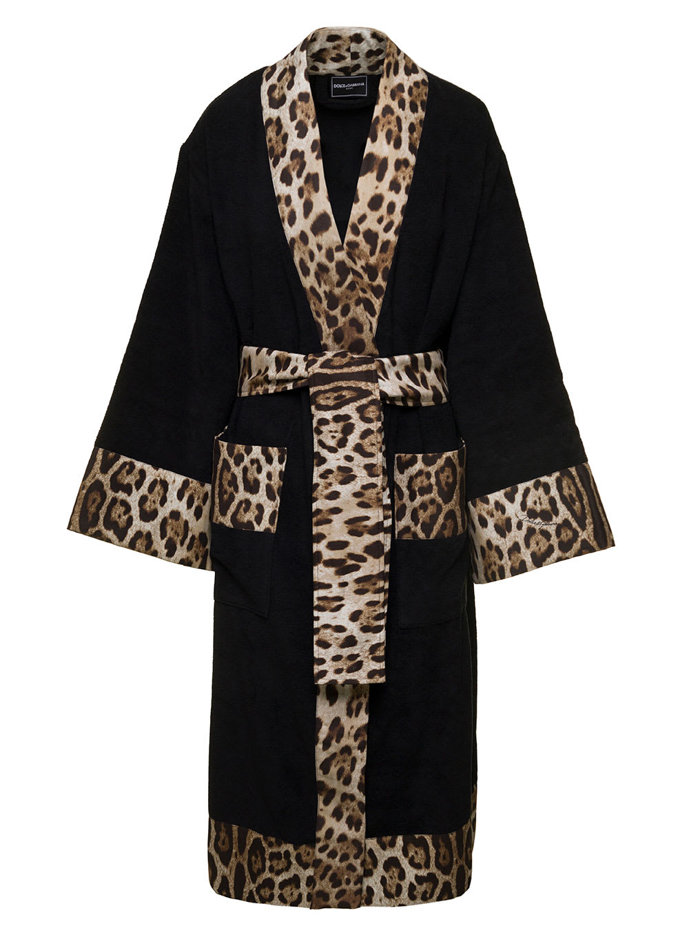 Shop Dolce & Gabbana Black Kimono Bathrobe With Leopard Trim In Cotton