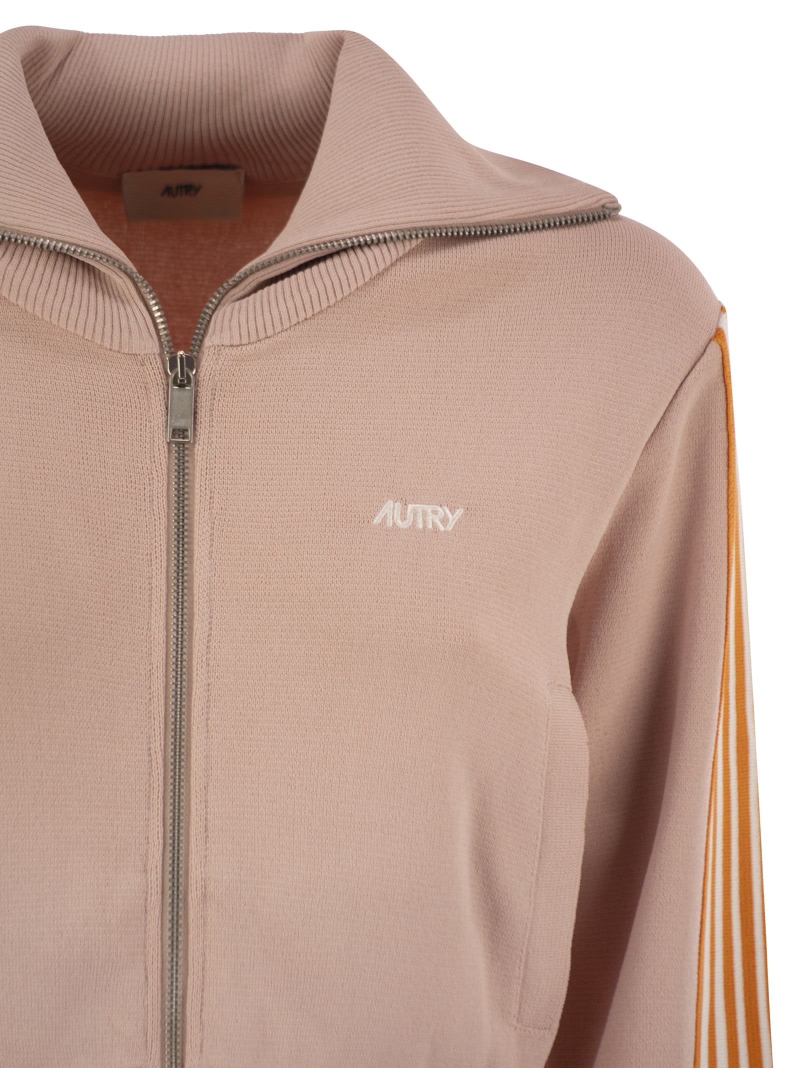 Autry Viscose Blend Jacket With Embroidered Logo And Contrasting Stripes In Pink