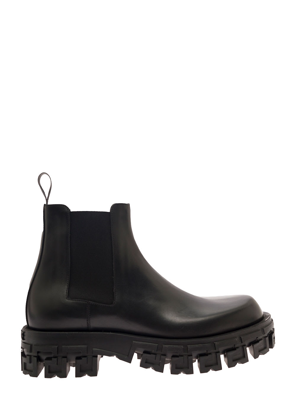 VERSACE BLACK CHELSEA BOOTS WITH GRECA PLATFORM IN SMOOTH LEATHER MAN