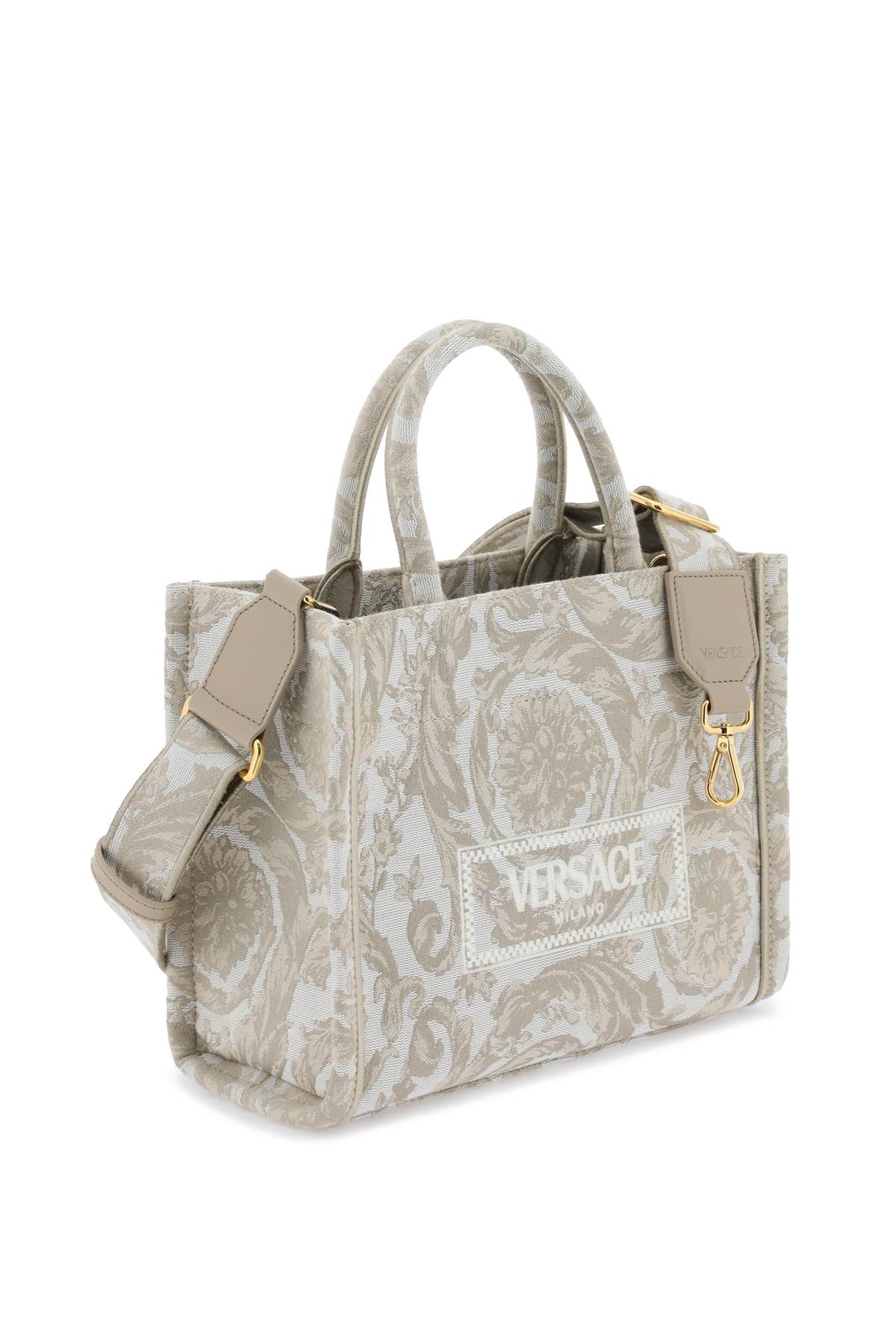 Shop Versace Athena Barocco Small Tote Bag In Beige+beige- Gold