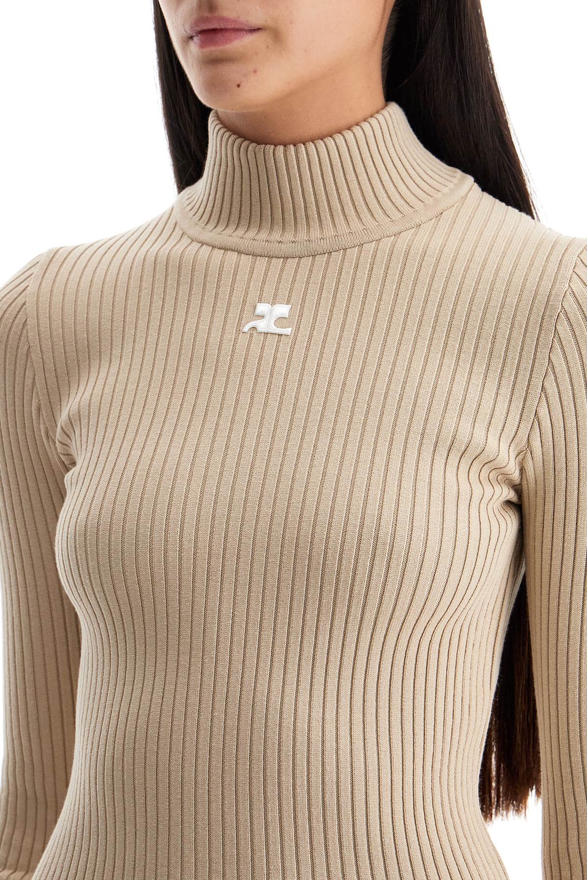 Shop Courrèges Re-edition Ribbed Funnel-neck Sweater In Cappuccino (beige)