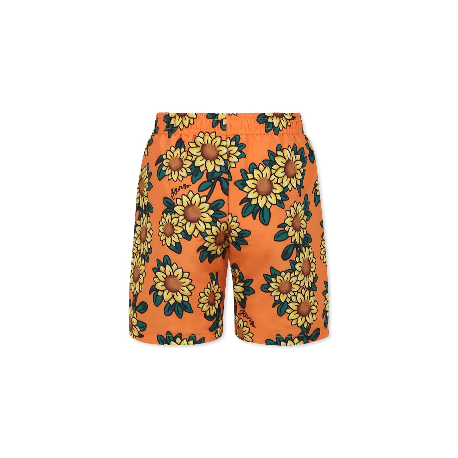 Kenzo Orange Swim Shorts For Boy With Sunflower Print And Black Logo In Orange