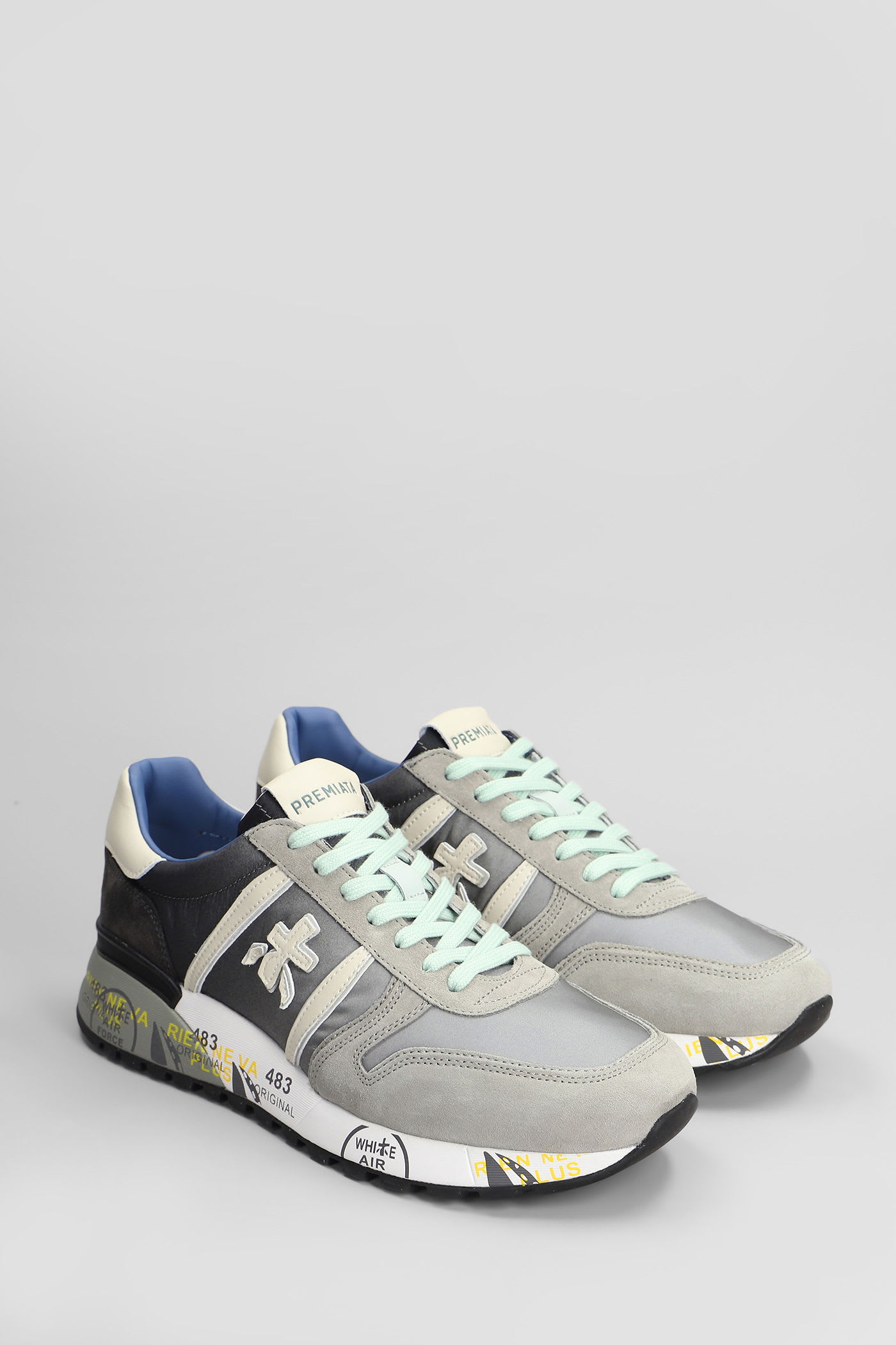 Premiata Lander Sneakers In Grey Suede And Fabric In Gray