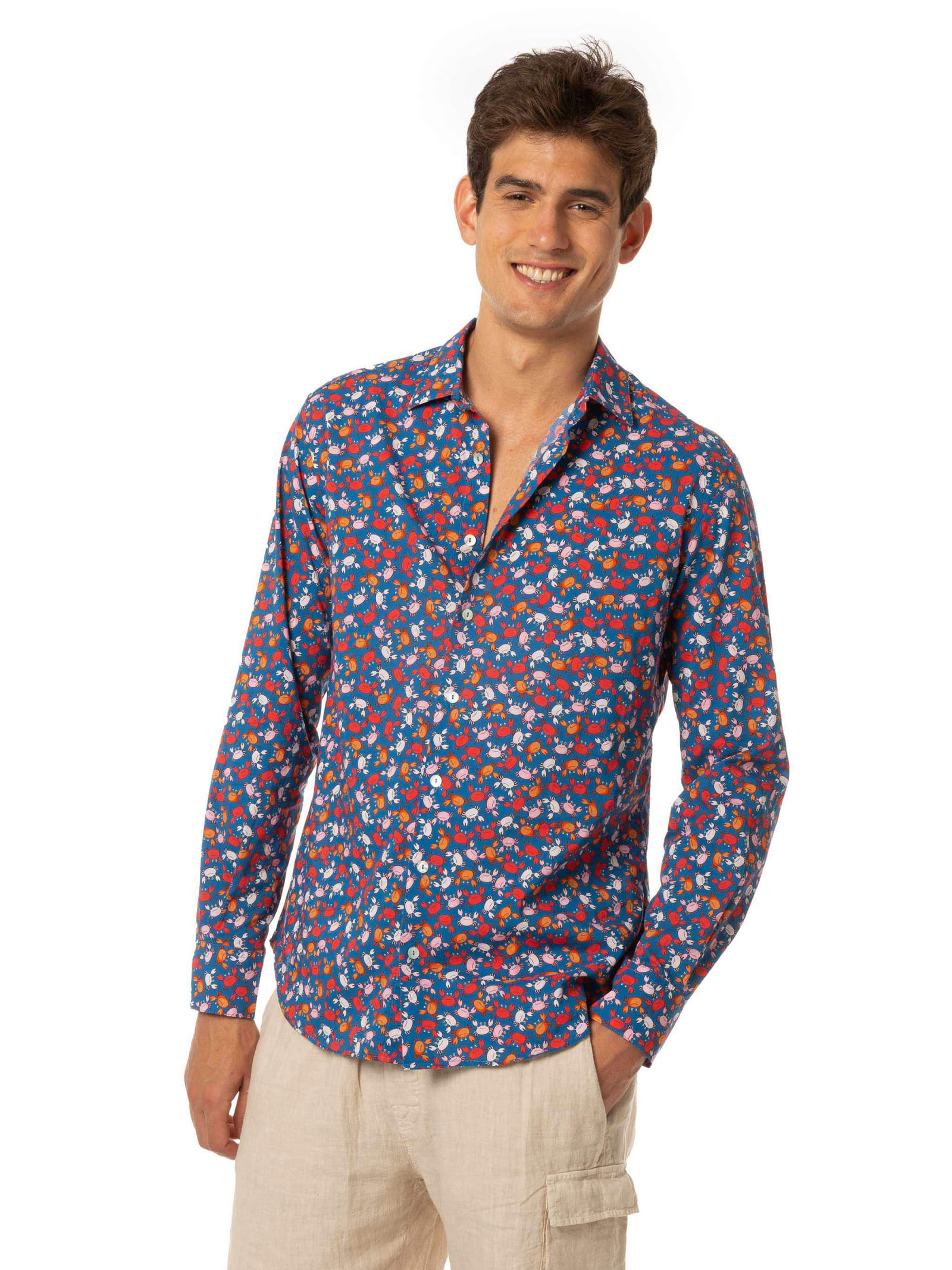 Mc2 Saint Barth Man Cotton Shirt With Crab Print In Blue