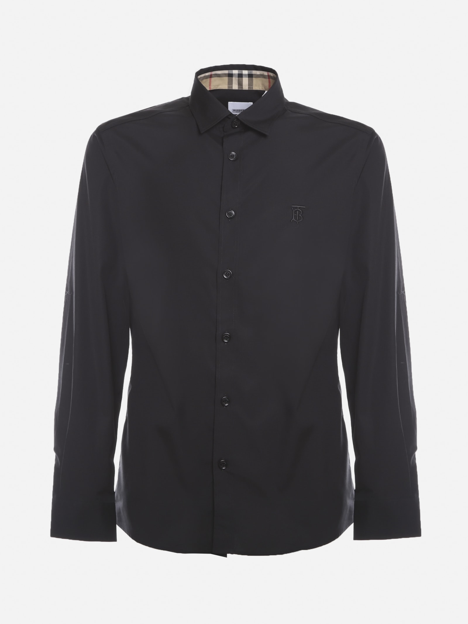 Burberry Stretch Cotton Shirt With Tone-on-tone Embroidered Monogram