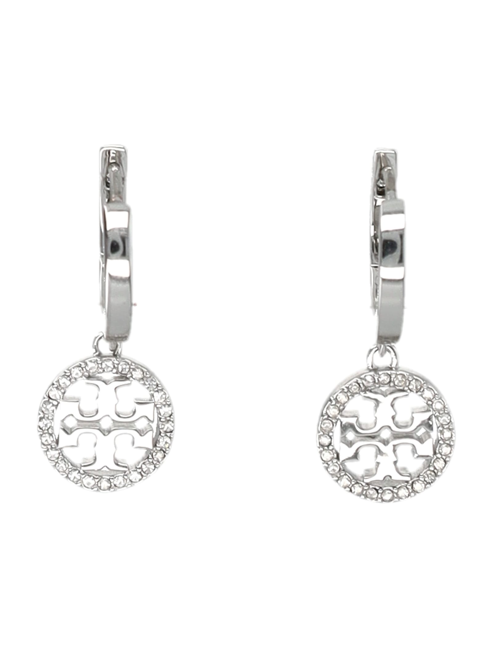 Shop Tory Burch Miller Pave Huggie Hoop Earrings In Tory Silver / Crystal