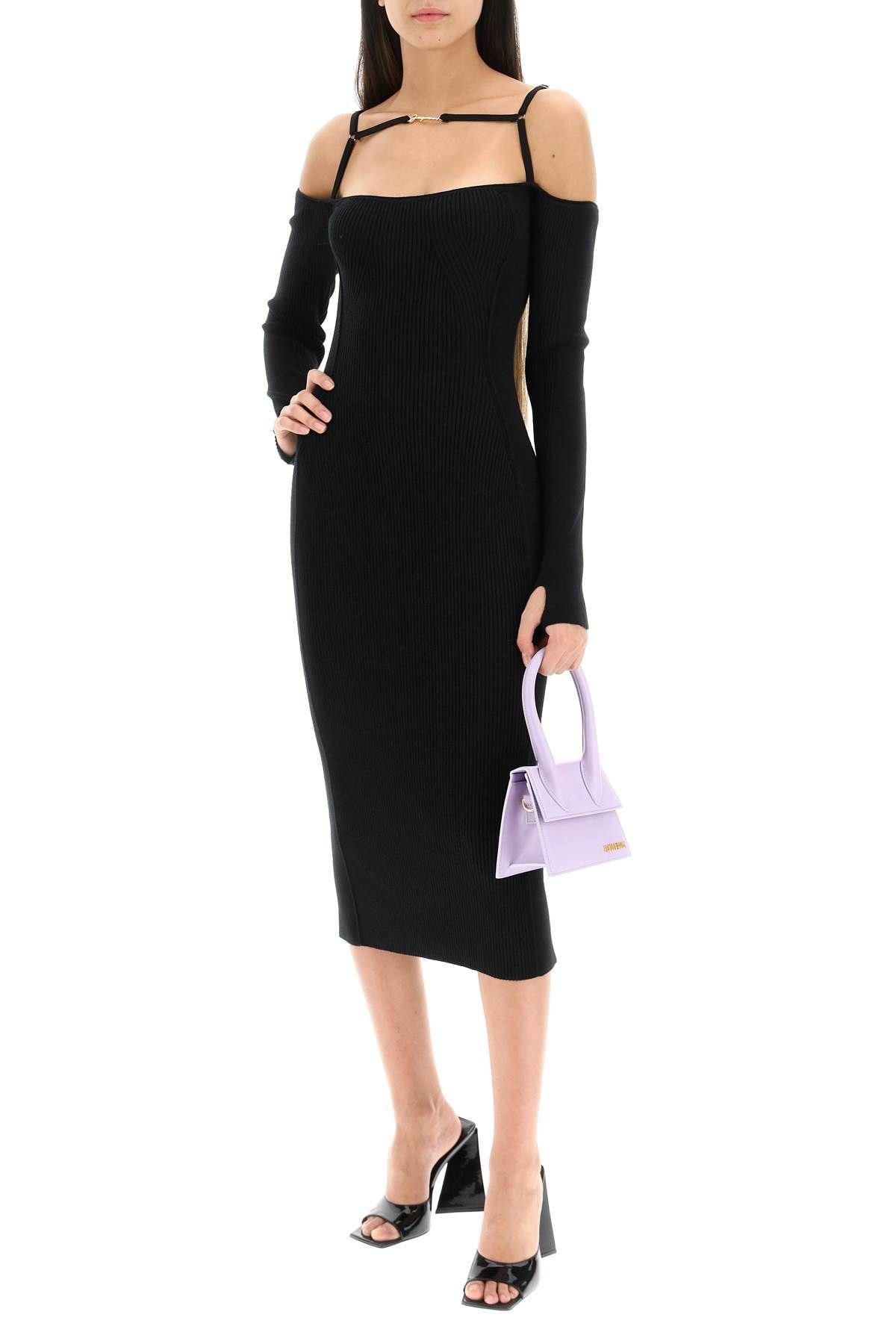 Shop Jacquemus Le Robe Sierra Long Black Ribbed Off-the-shoulder Dress In Viscose Blend Woman