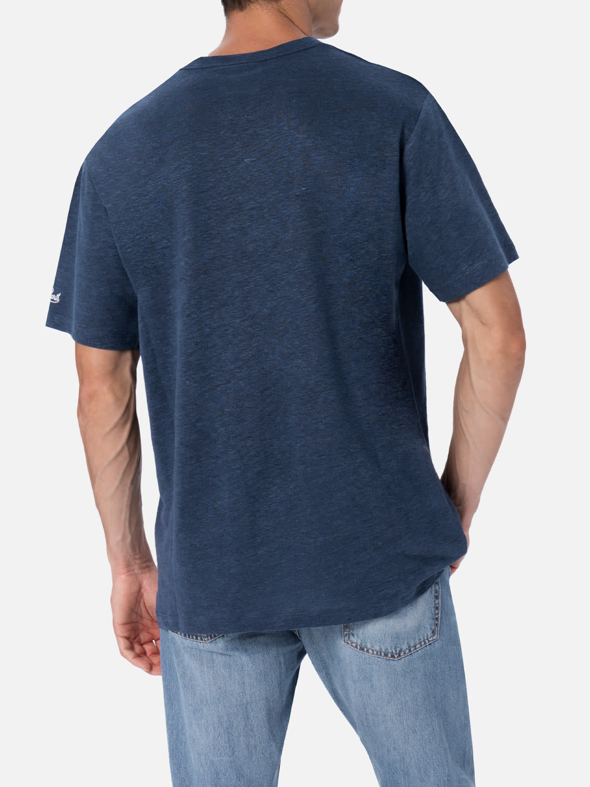 Shop Mc2 Saint Barth Man Navy Blue Linen Jersey T-shirt Ecstasea With Pocket