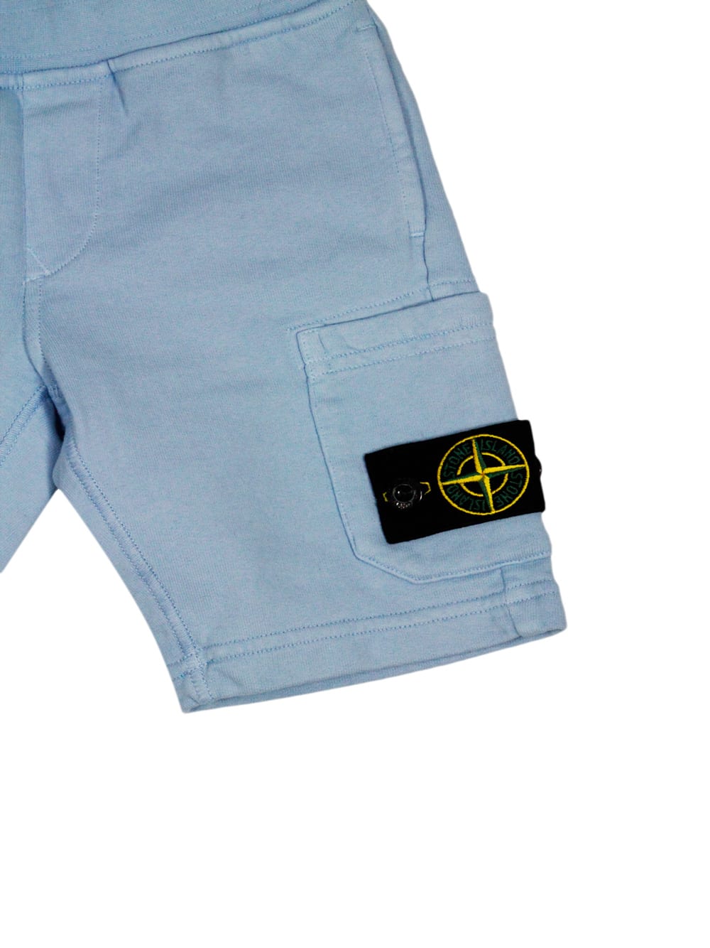 Shop Stone Island Cotton Fleece Bermuda Shorts With Elasticated Waist And Logo Pocket On The Leg In Light Blu