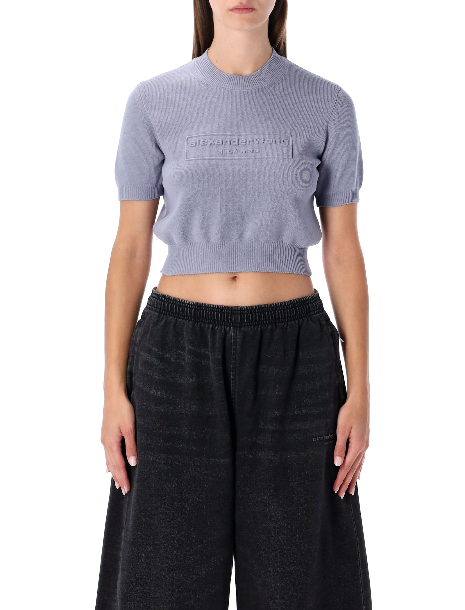 Alexander Wang Cropped Ribbed Chenille Sweater With Logo In Gray