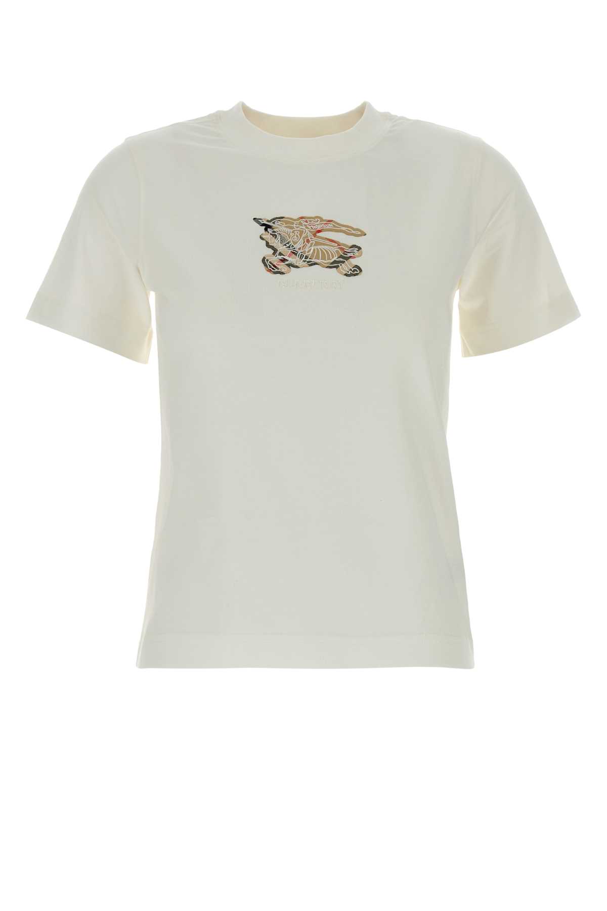 Burberry Ribbed Cotton T-shirt With Equestrian Motif And Logo Patch In Neutral