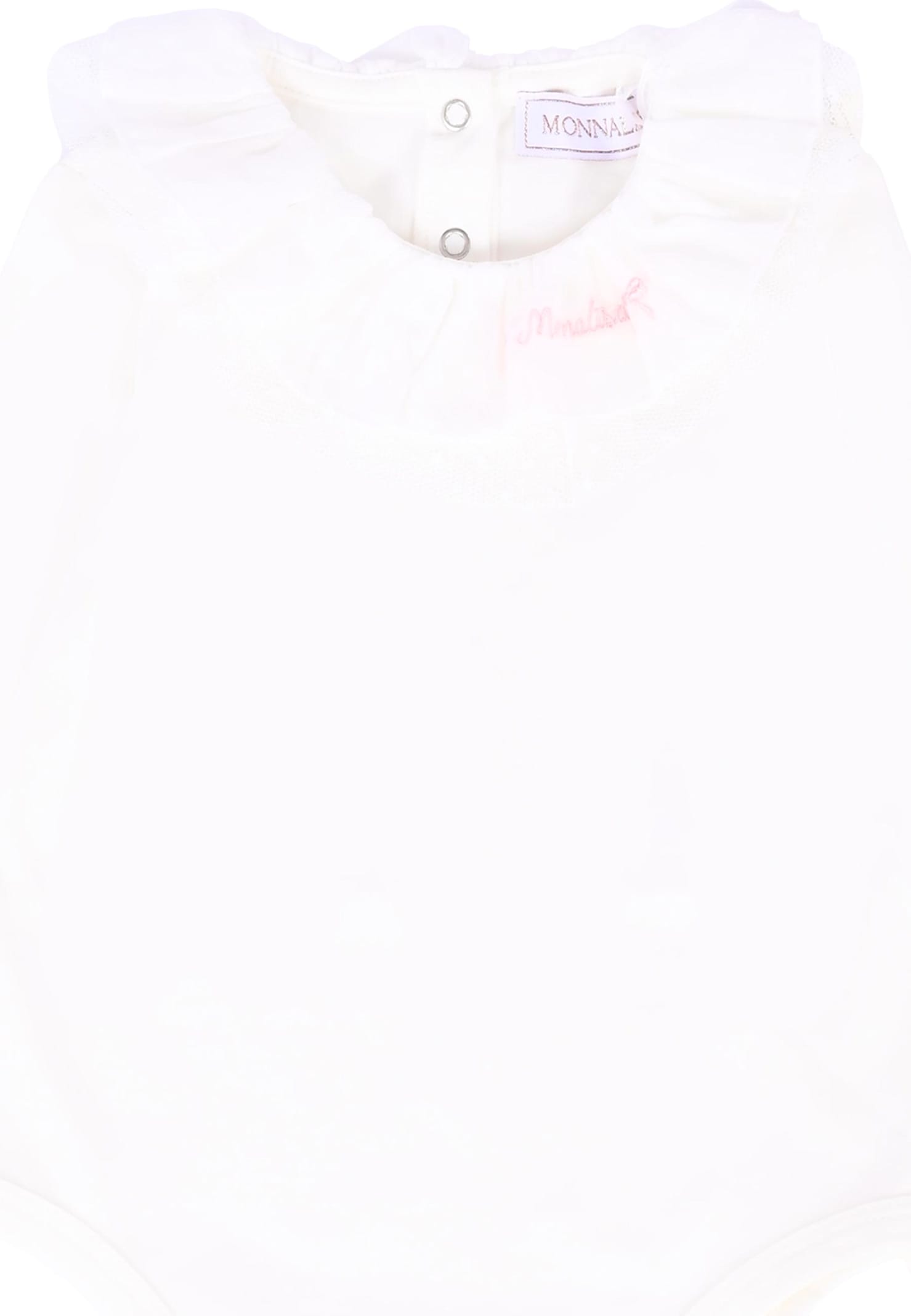 Monnalisa White Bodysuit For Baby Girl With Logo In White