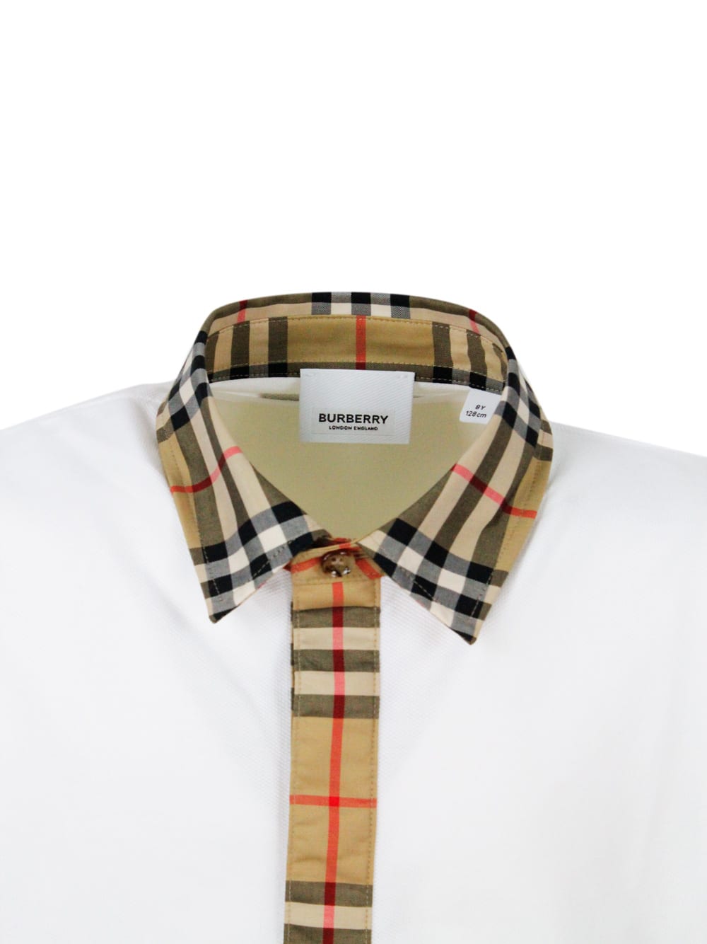 Shop Burberry Piqué Cotton Polo Shirt With Classic Check Collar And Front With Side Slits In White