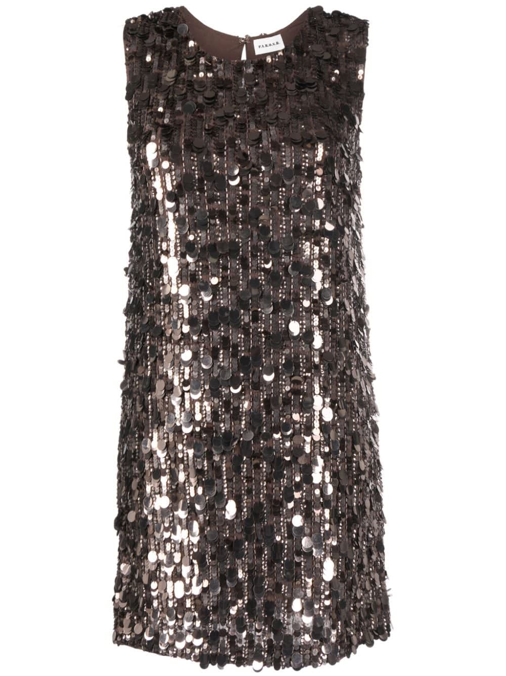 Shop P.a.r.o.s.h Crew Neck Sleeveless Mini Dress With Paillettes In Bronze