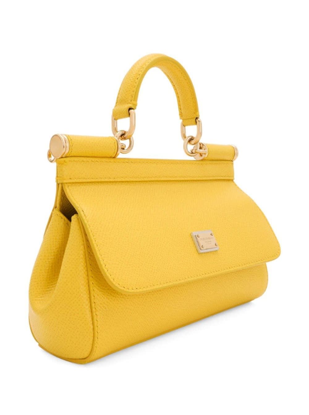 Shop Dolce & Gabbana Small Sicily Yellow Handbag With Logo Plate In Leather Woman