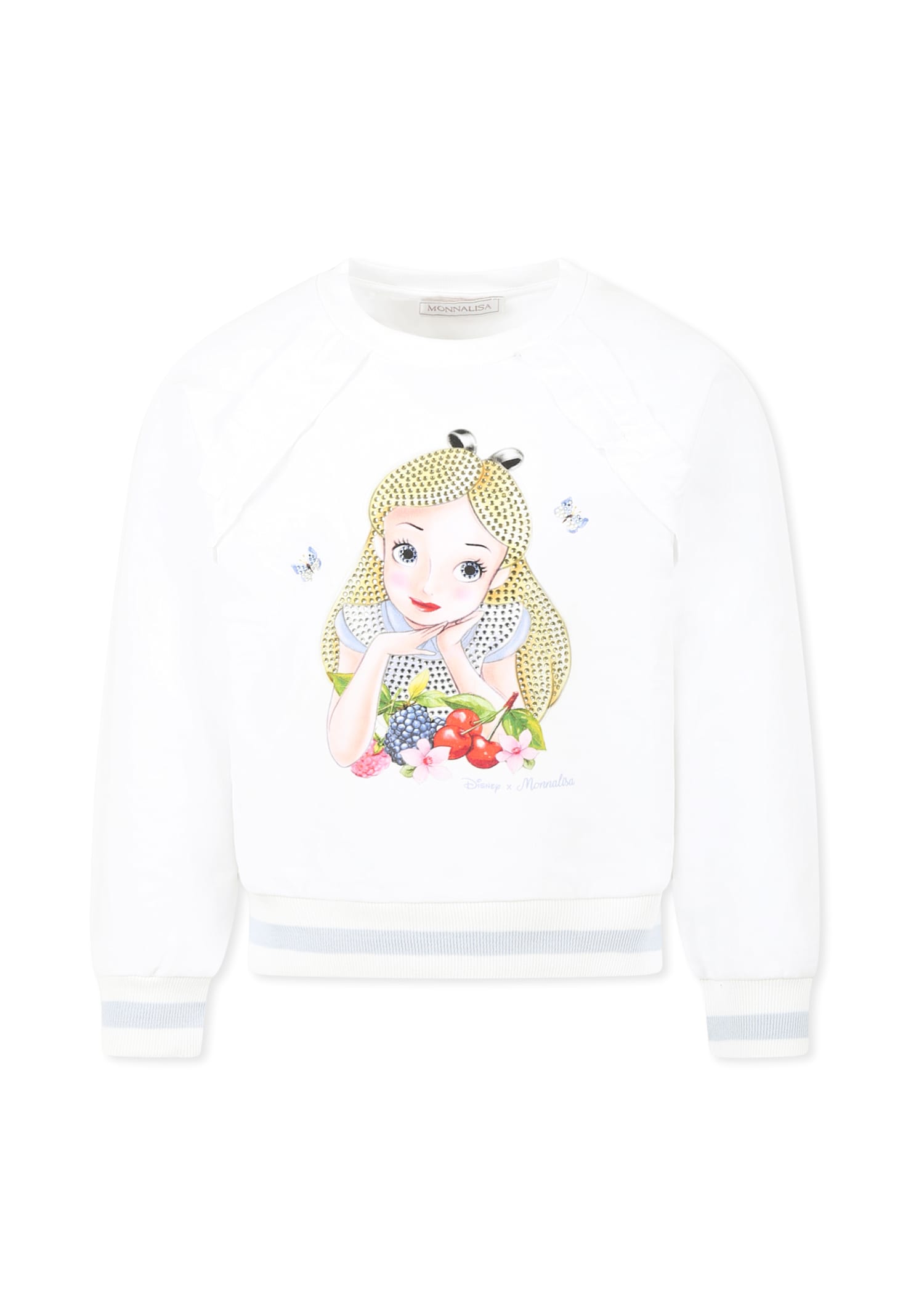 Monnalisa White Sweatshirt For Girl With Alice In Wonderland In White