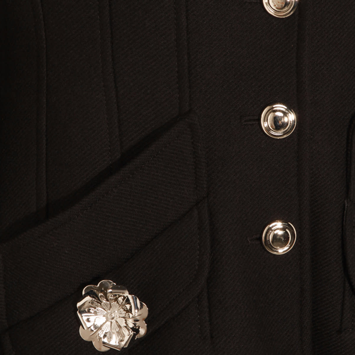 Blumarine Long Structured Coat With Floral Embellishments And Silver Buttons In Black