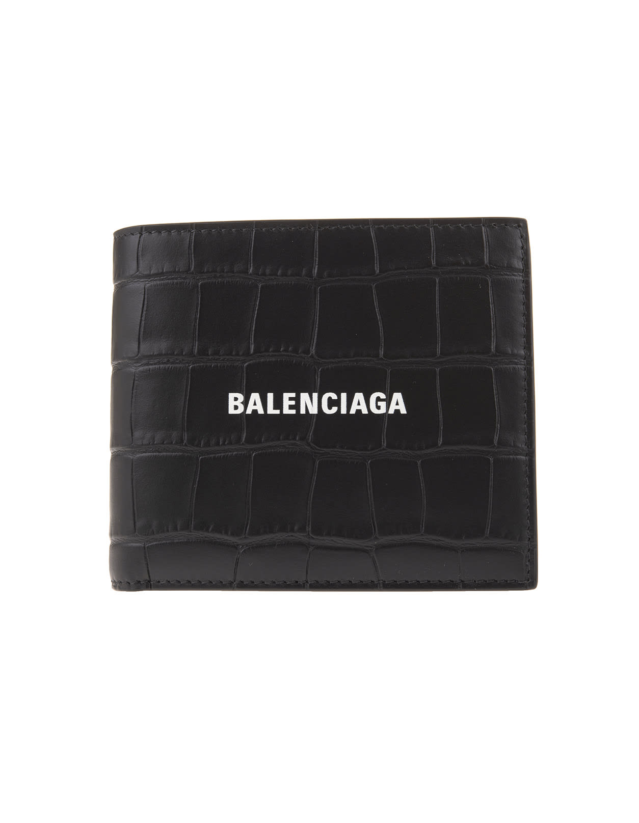 Balenciaga Man Crocodile Embossed Leather Folding Wallet With Logo