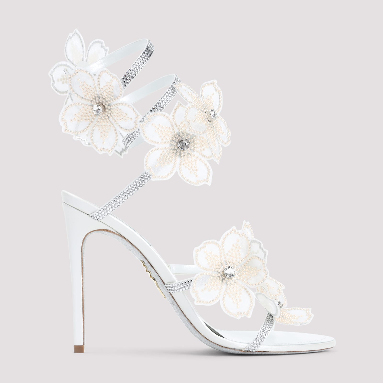 René Caovilla Leather Floral Embroidered Crystal Sandals In White