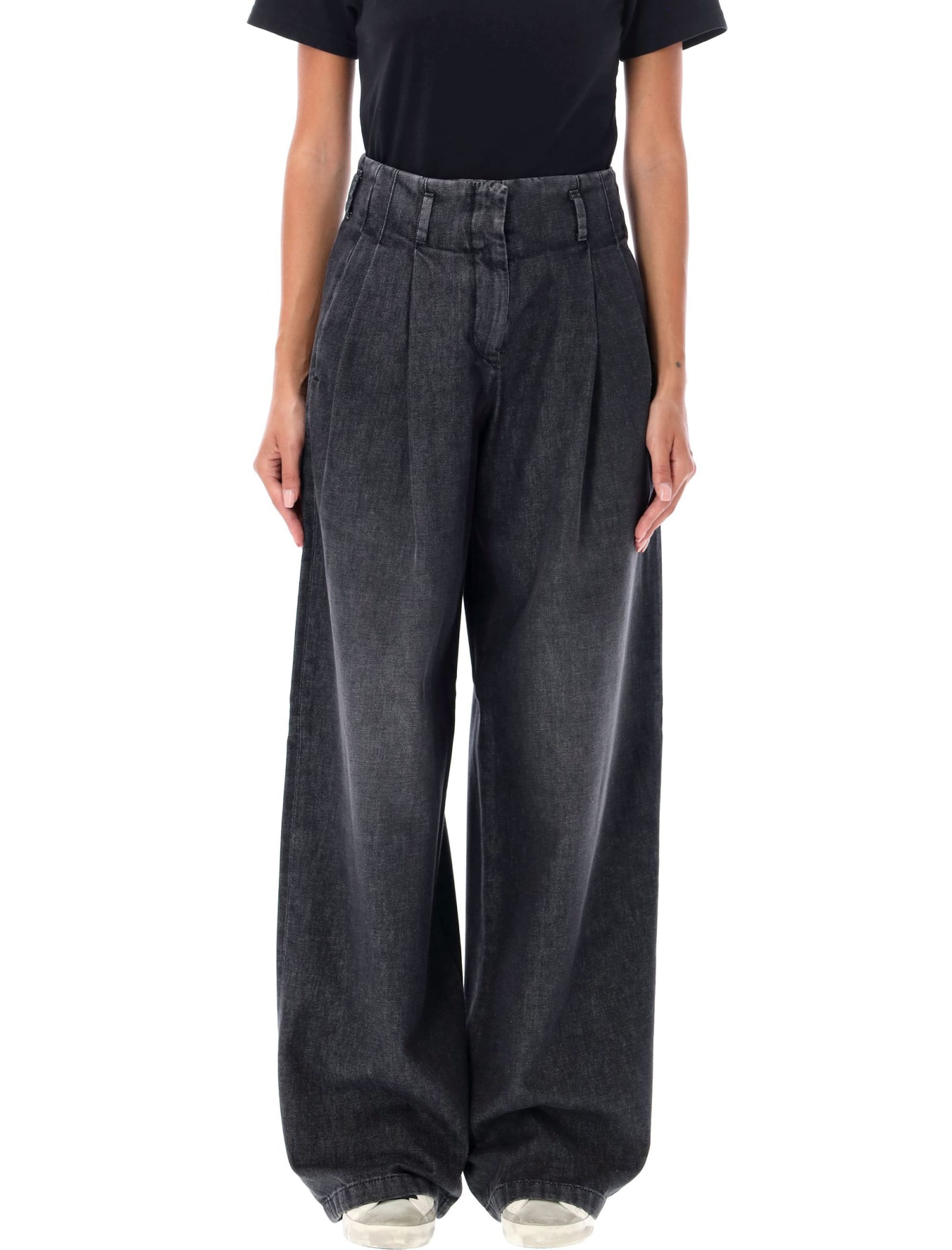 Shop Golden Goose Wide Leg Pleated Jeans In Black