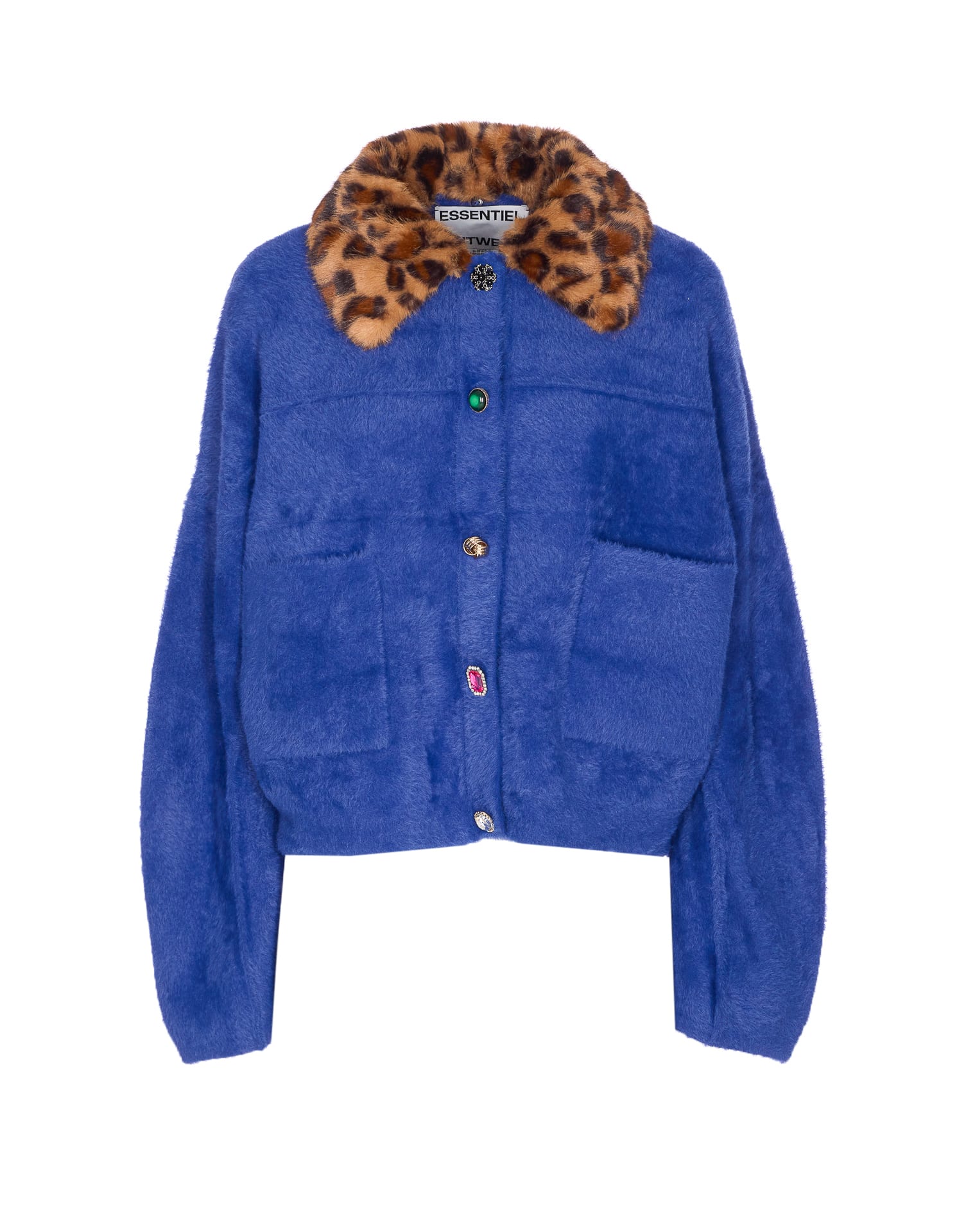 Essentiel Antwerp Leopard-print Collar Embellished-button Cardigan In Blue