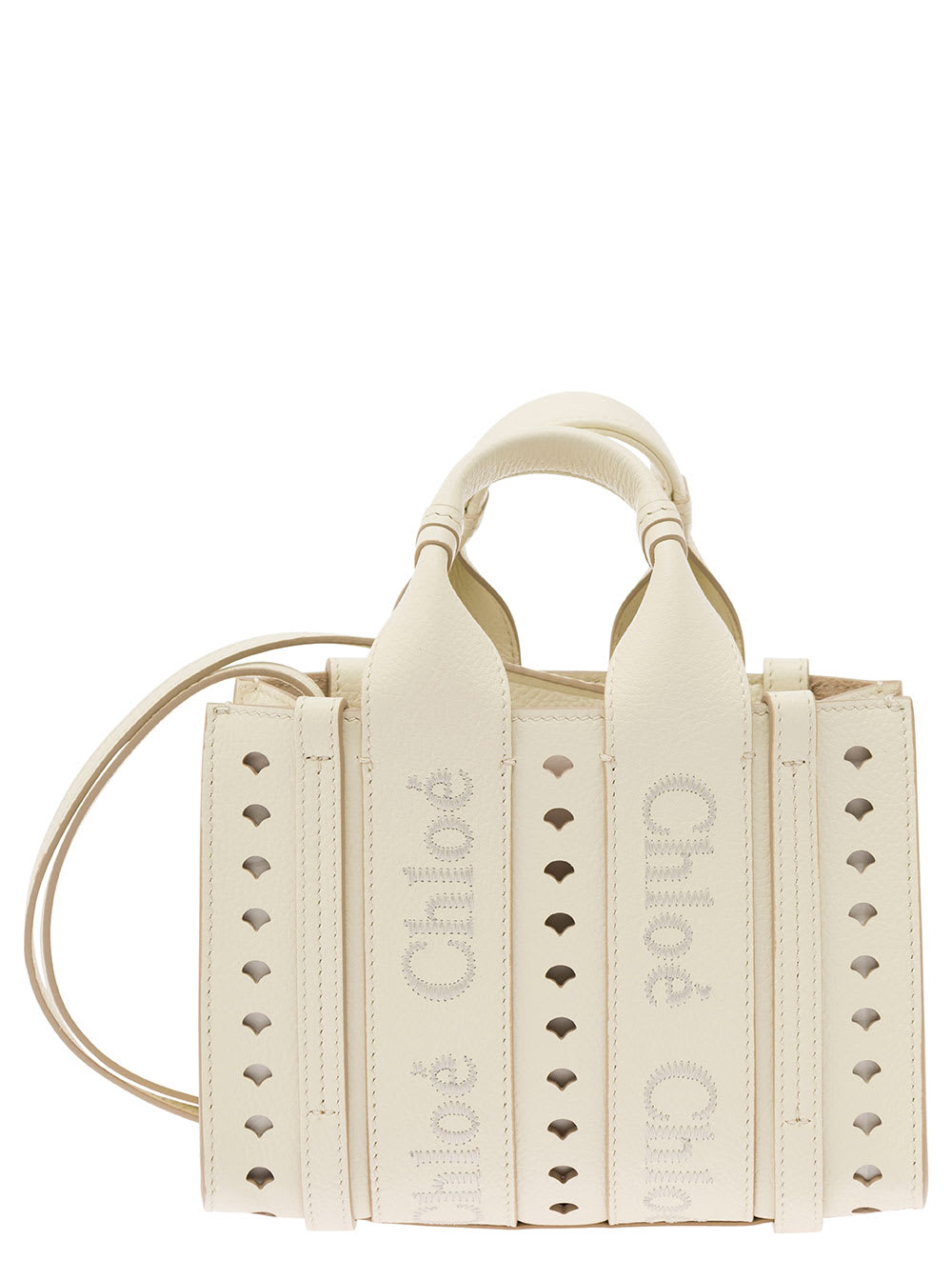 Shop Chloé Mini White Tote Bag With Logo Embroidery And Cut-out In Leather Woman