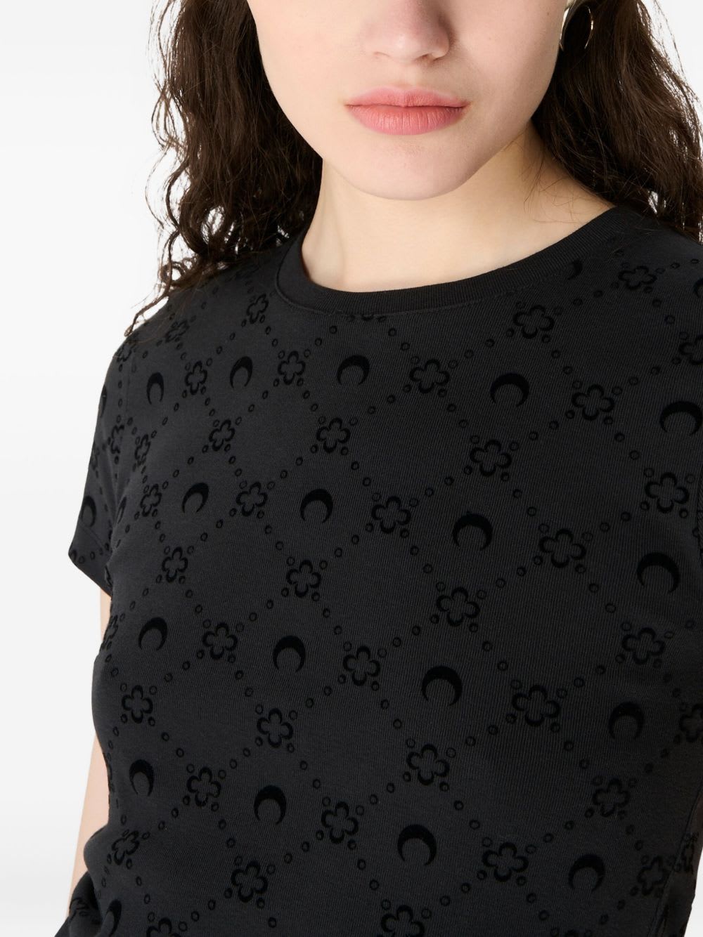 Marine Serre Moon Logo Patterned Crewneck Short Sleeve Top In Black