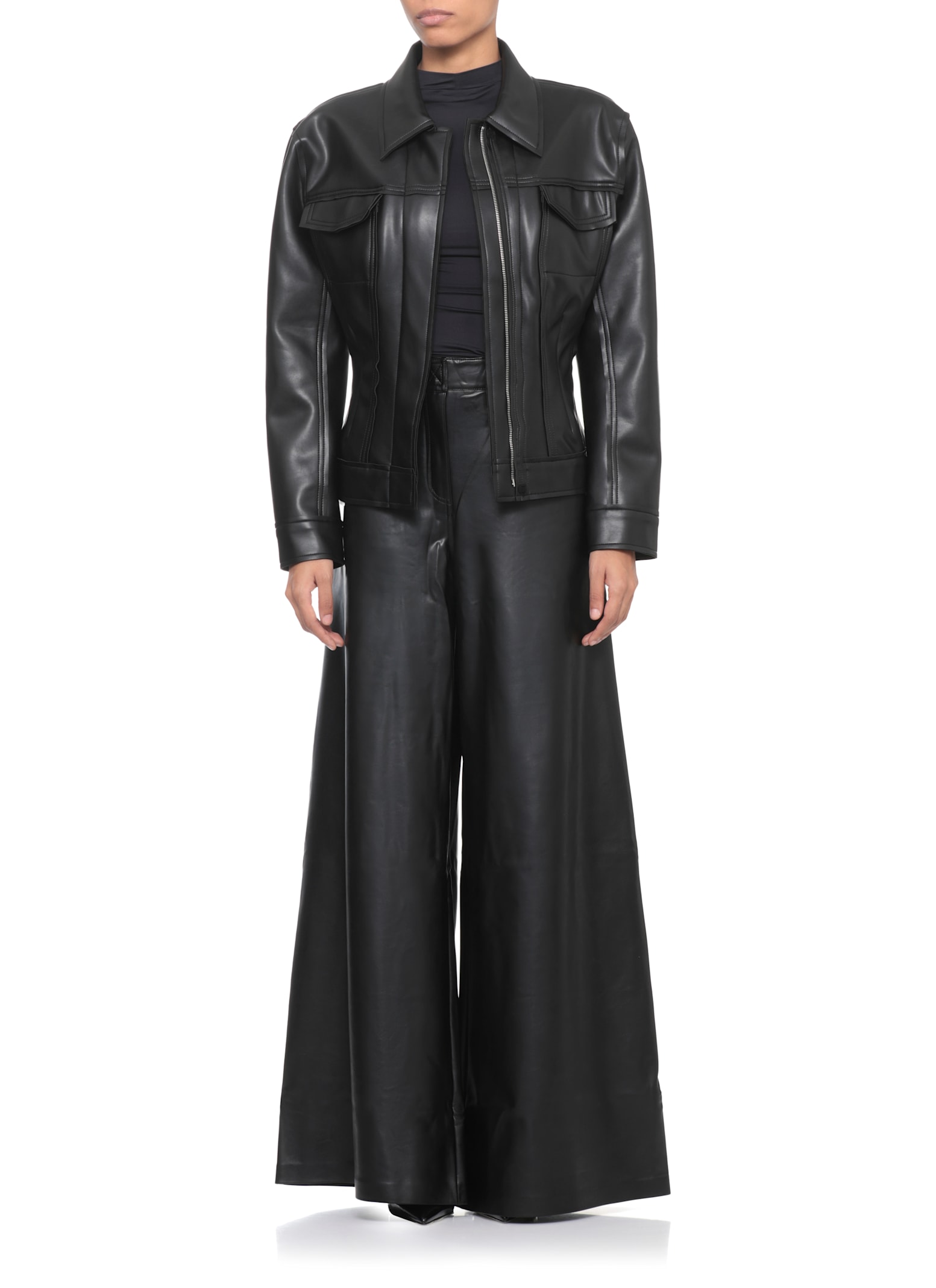 Norma Kamali High Waist Wide Leg Synthetic Leather Trousers In Black