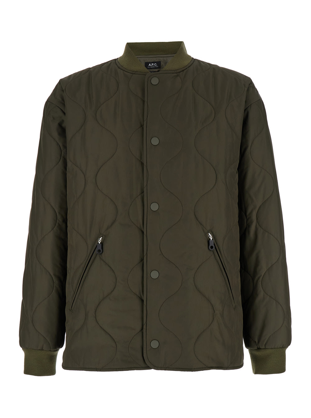 Shop Apc Florent Military Green Jacket With Snap Buttons In Quilted Fabric Man