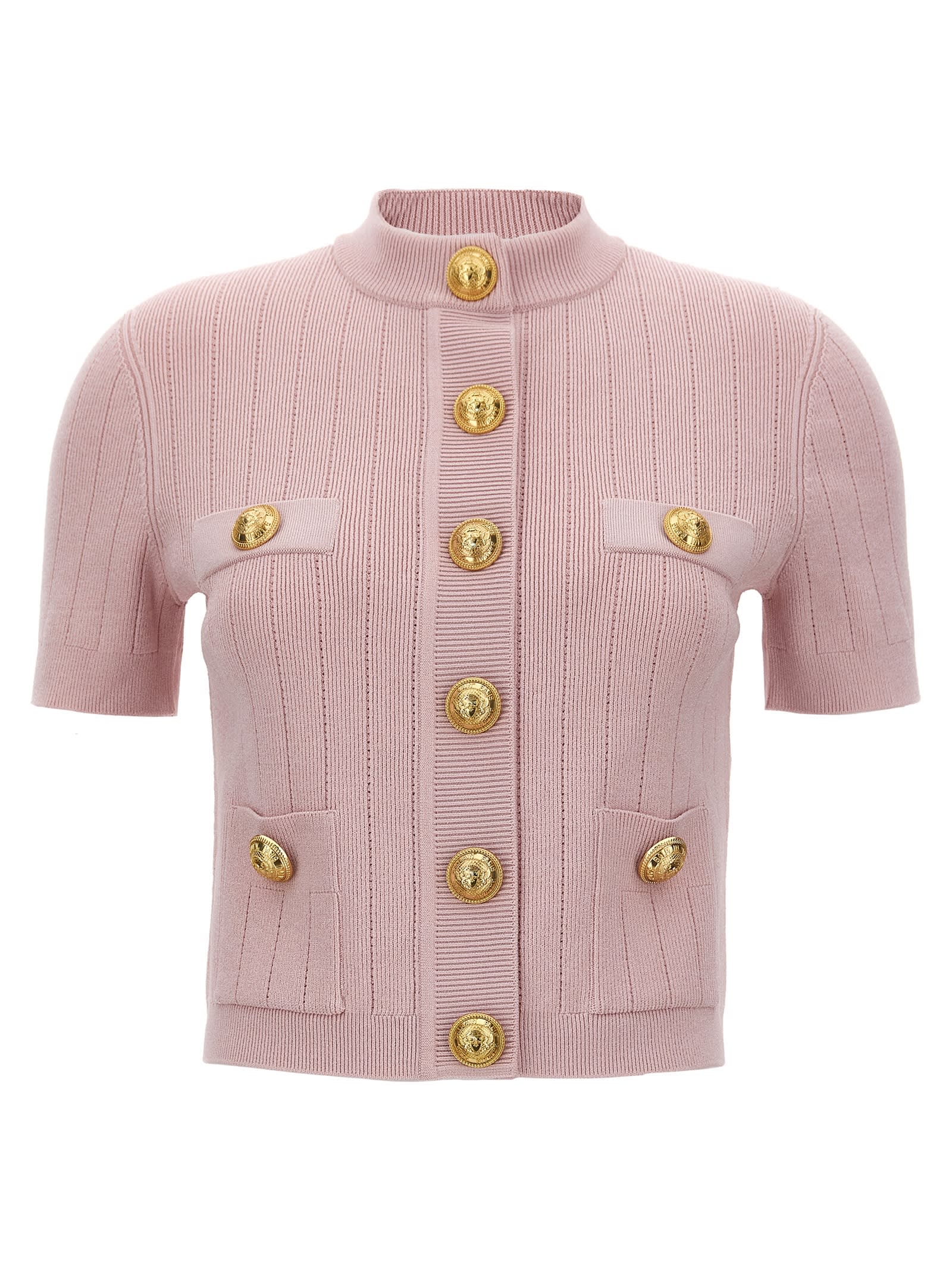 Shop Balmain Logo Button Cardigan In Pink