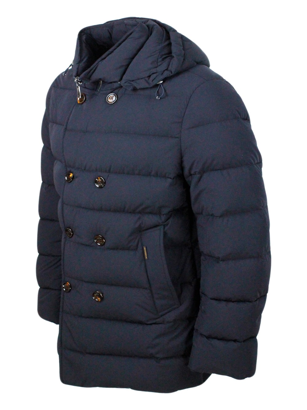 Shop Moorer Three-quarter Length Jacket In Stretch Fabric Padded With Real Goose Down Made In Two-way Stretch Fa In Blu