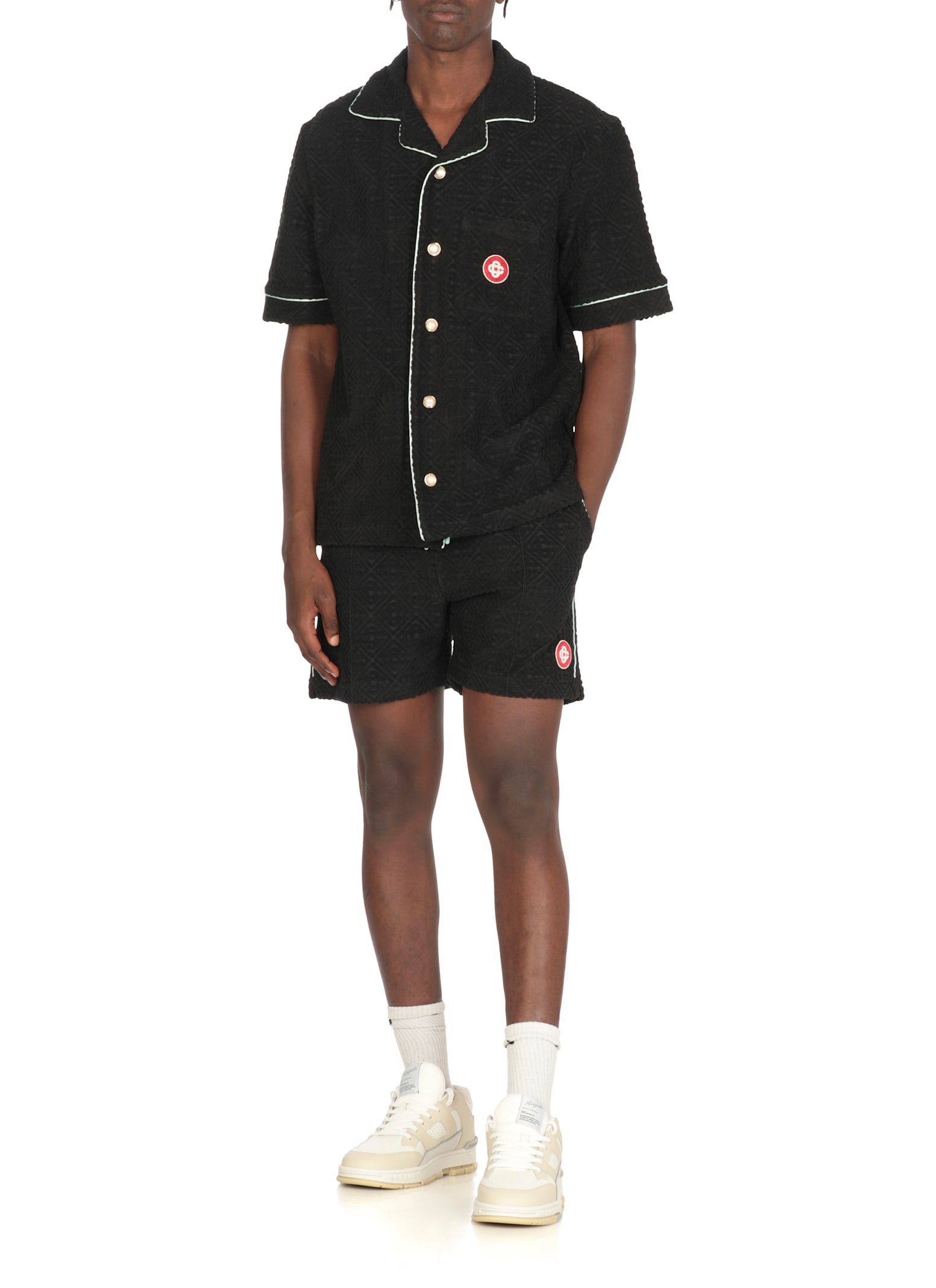 Casablanca Black Shirt With Classic Lapels And All-over Embossed Monogram In Black
