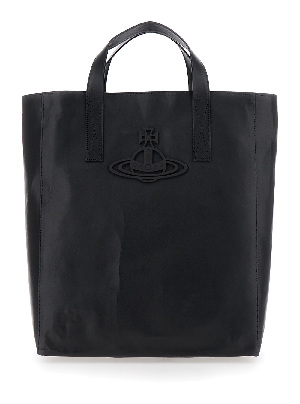 sarah Black Medium Tote Bag With Embossed Orb Logo On The Front In Leather Woman