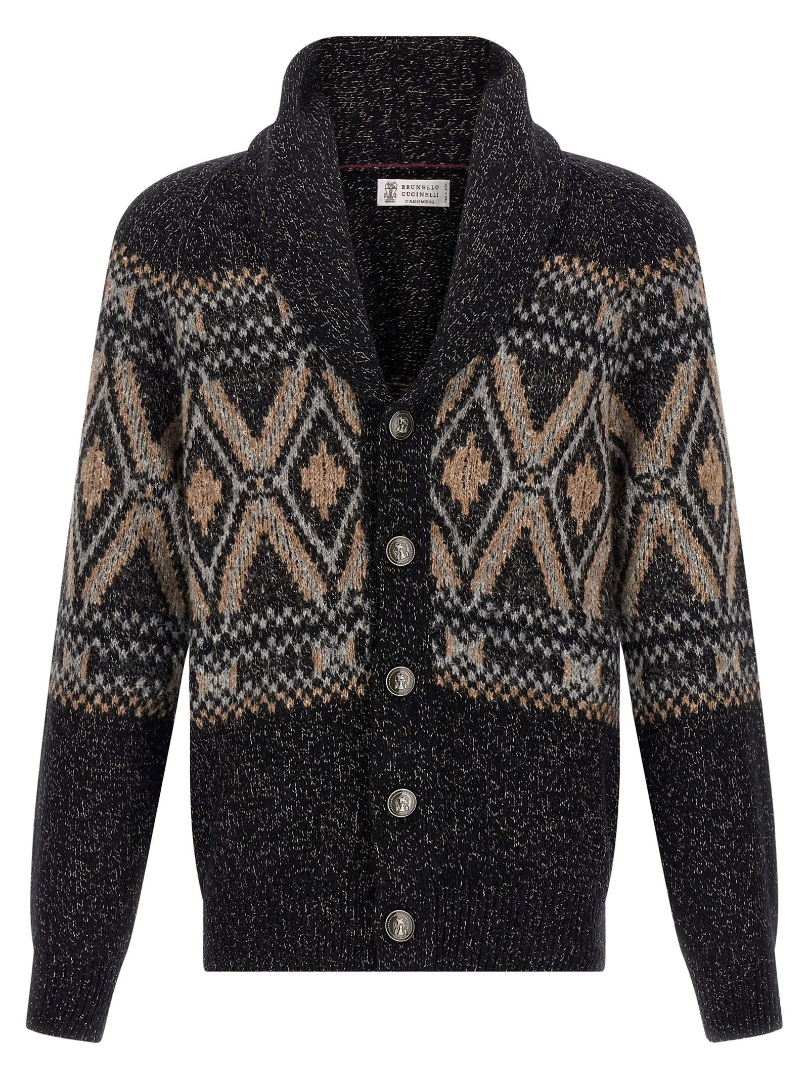 Brunello Cucinelli Geometric Jacquard Cardigan Sweaters And Cardigans Multicolor In Black