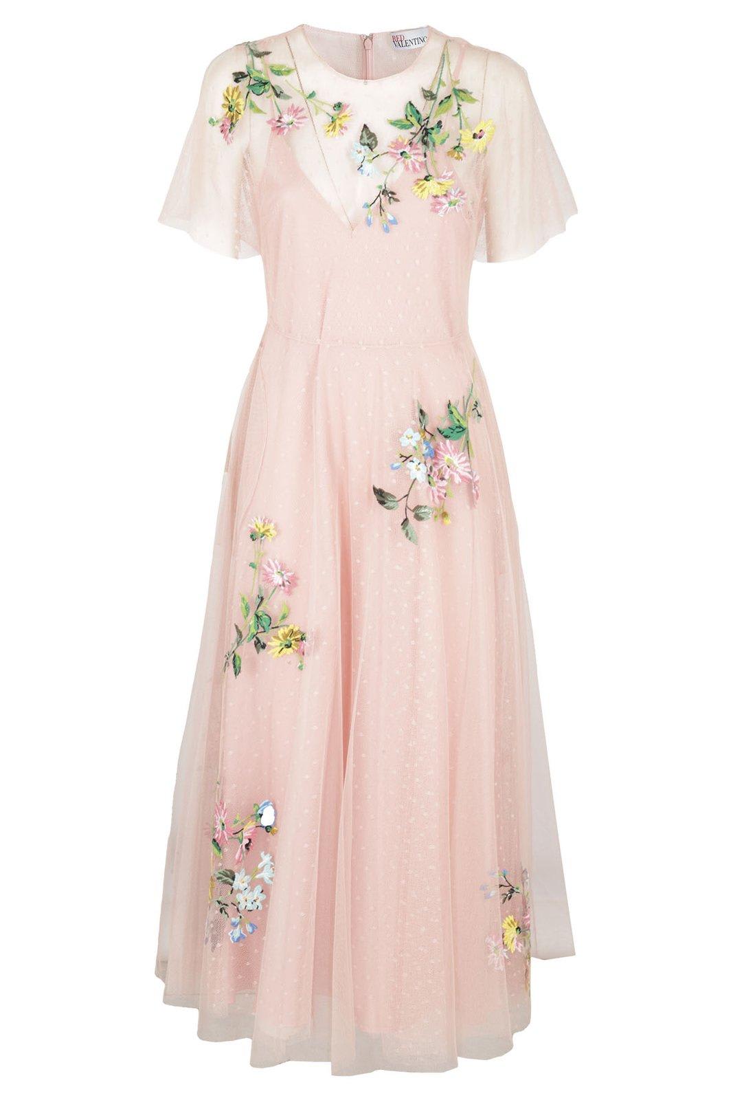 Red Floral-embroidered Dress In Pink | ModeSens
