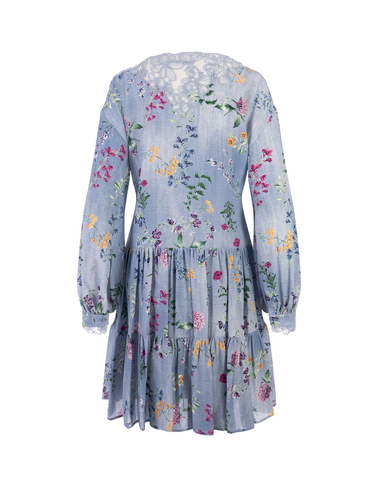 Shop Ermanno Scervino Floral Silk Short Dress With Lace In Blue