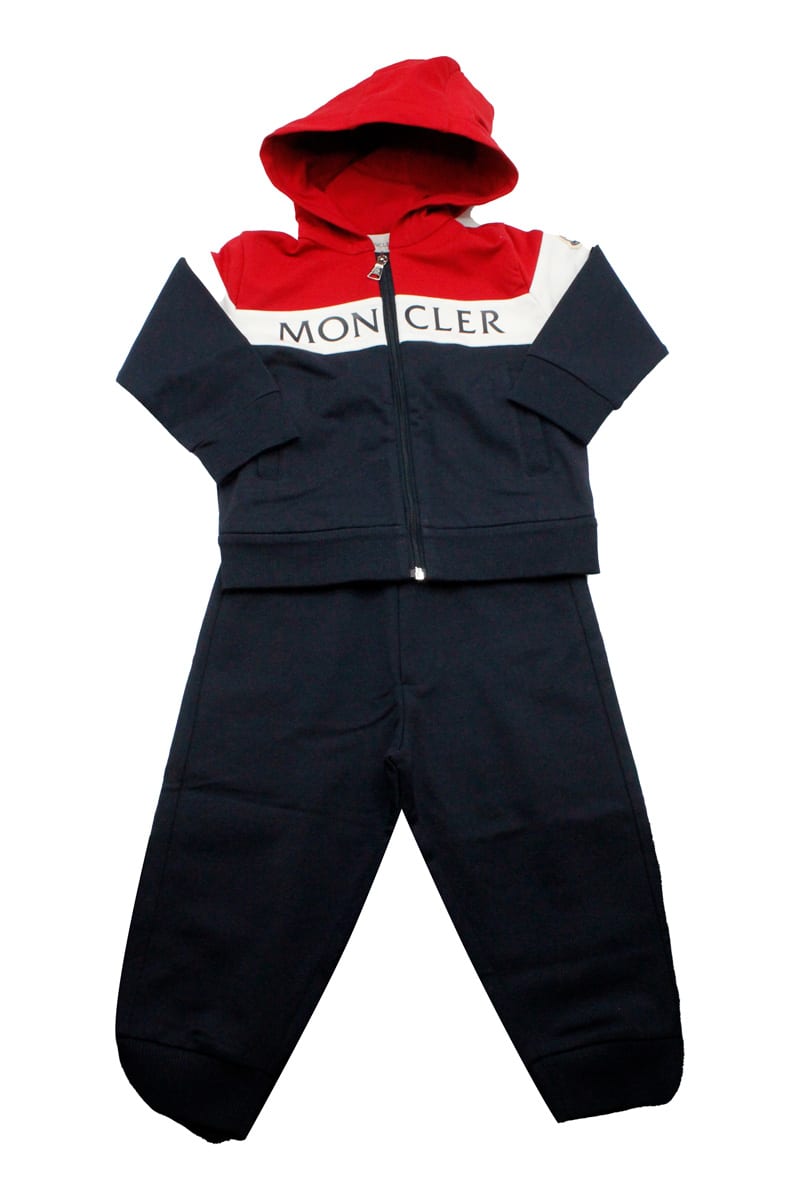 Moncler Two-piece Jogging Suit With Hooded Sweatshirt And Zip And Drawstring Trousers
