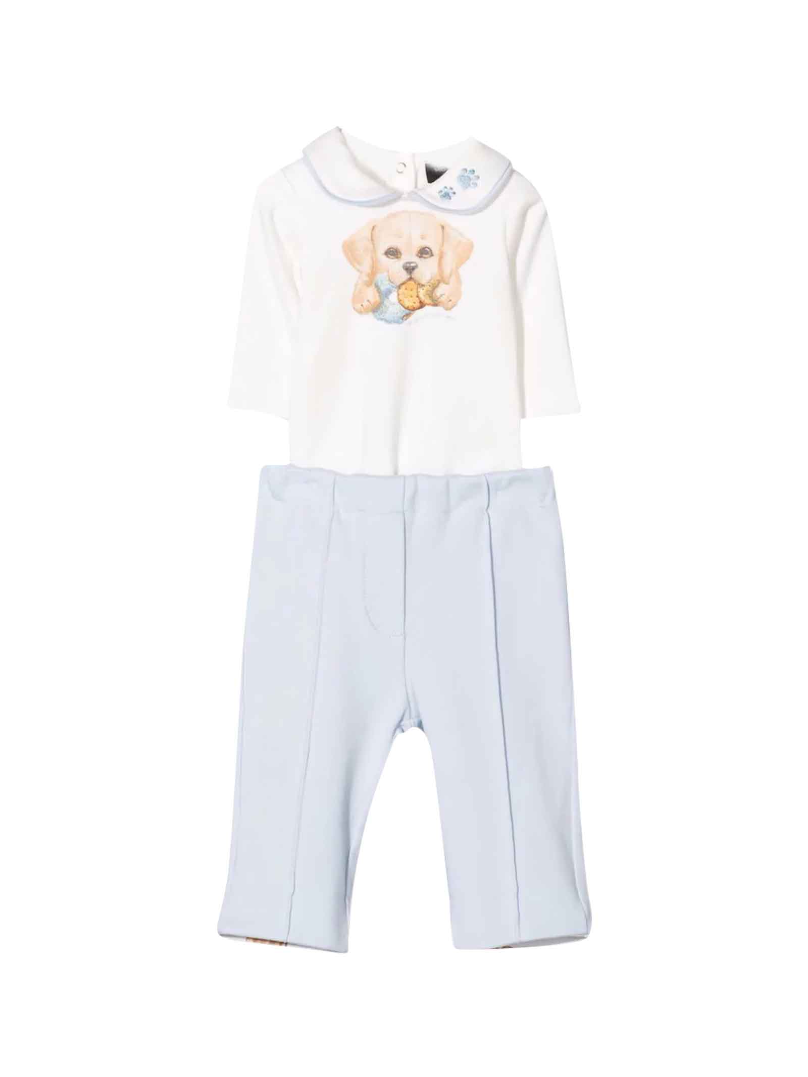 Monnalisa Baby Cotton Bodysuit And Sweatpants Set In Panna/celeste