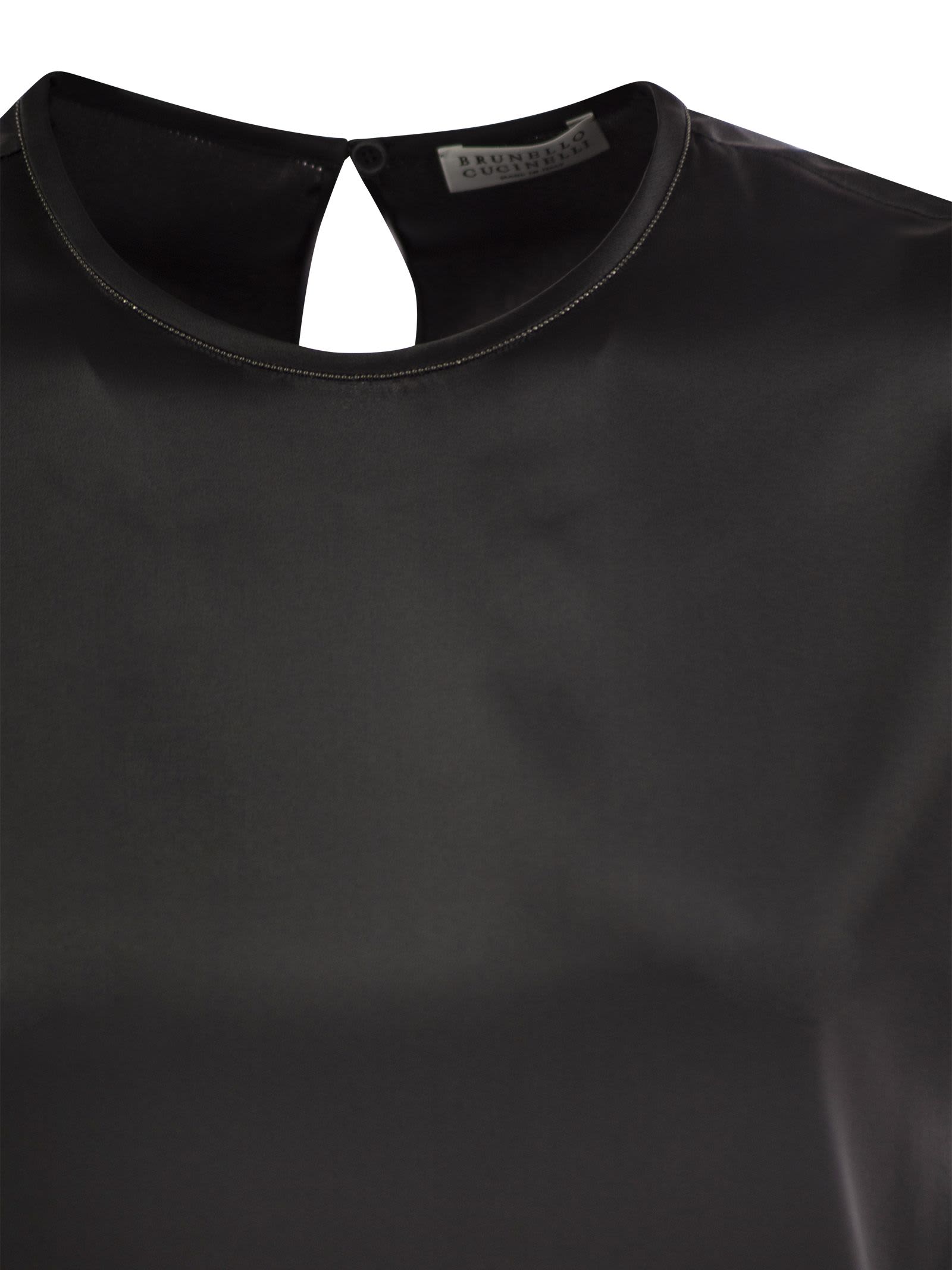 Shop Brunello Cucinelli Stretch Silk Satin T-shirt With Necklace In Anthracite