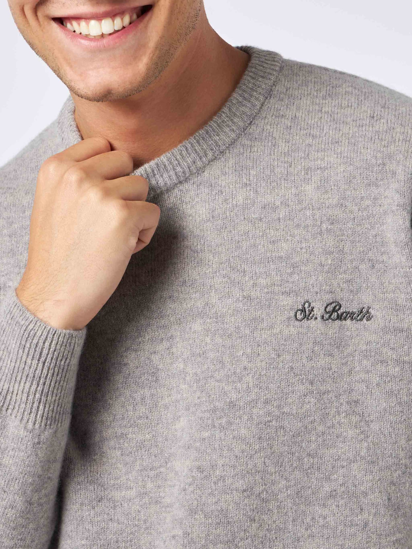 Shop Mc2 Saint Barth Man Crewneck Grey Melange Sweater With St. Barth Embroidery