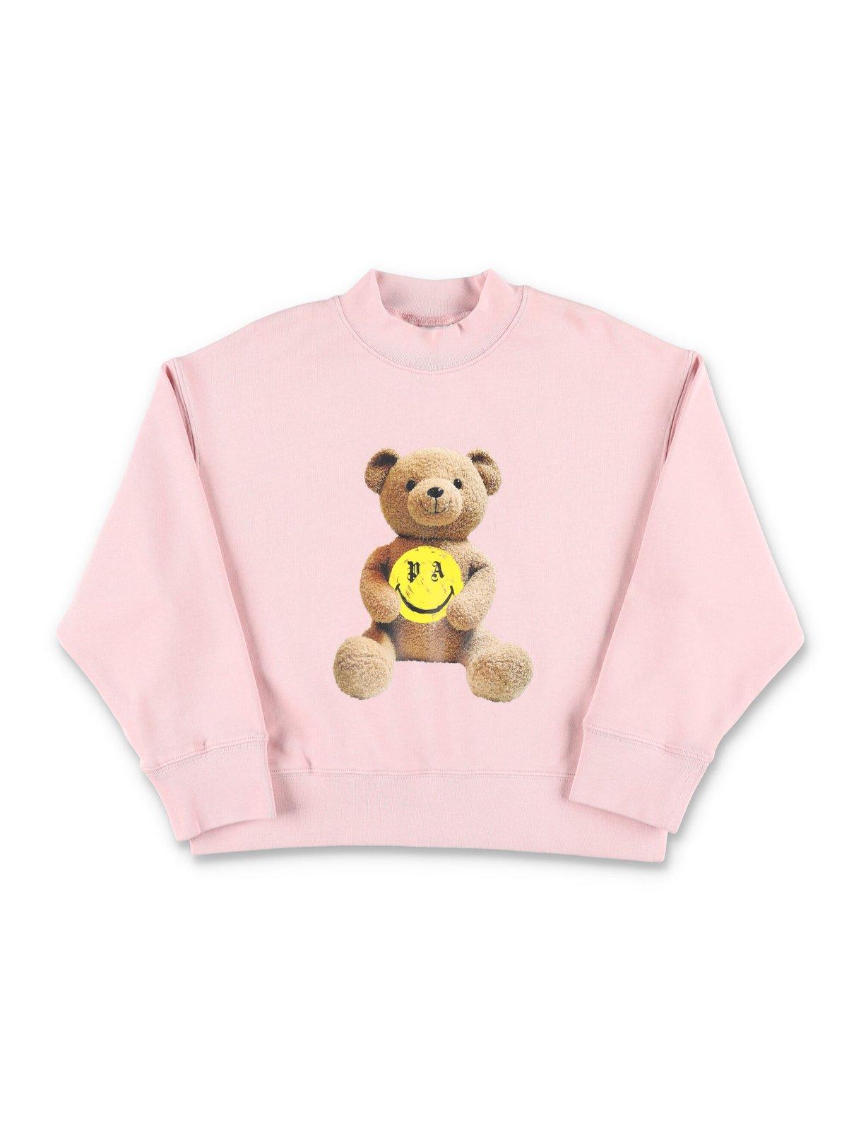 Palm Angels Kids' Bear Printed Crewneck Sweatshirt In Rose Pink