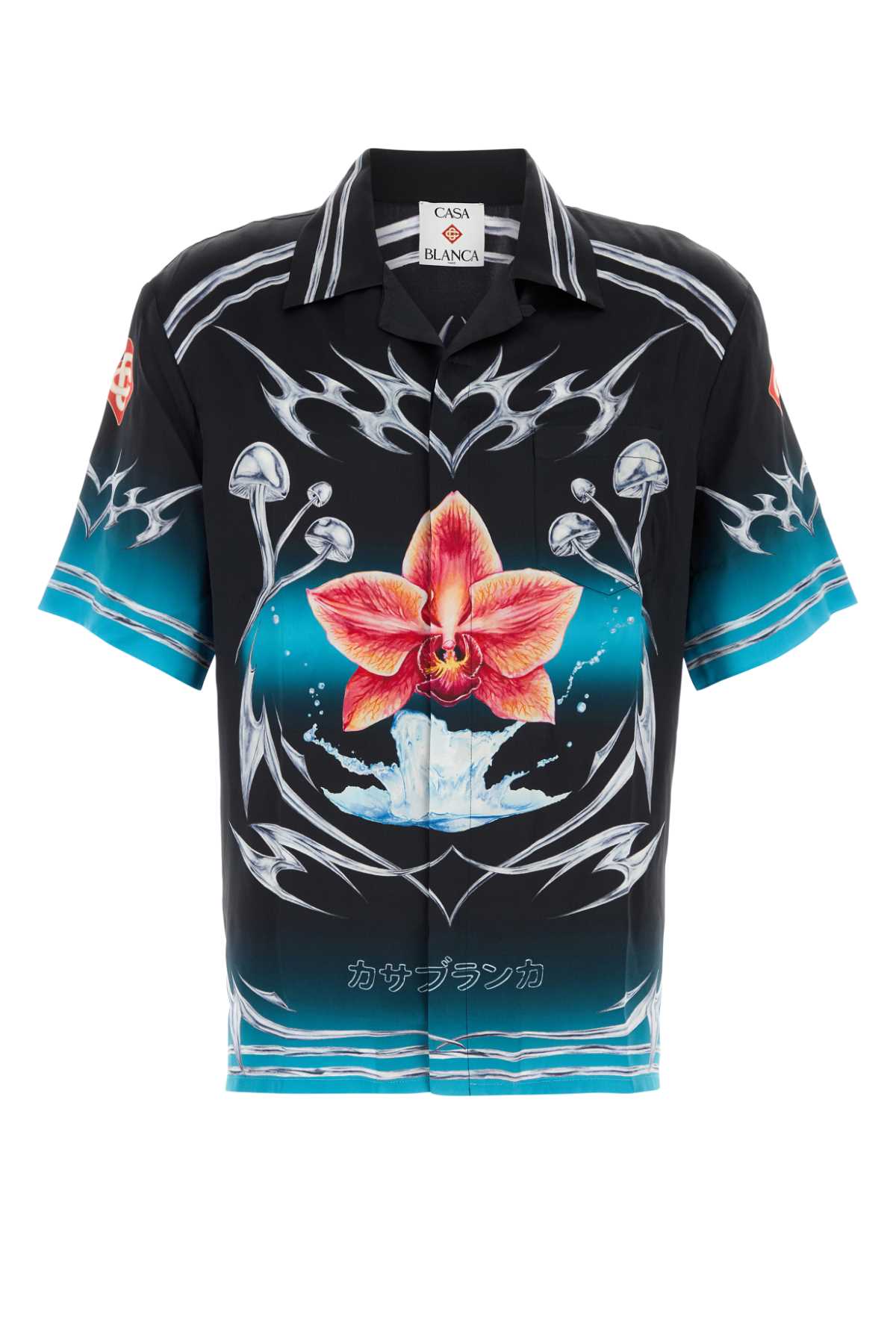 Casablanca Blades Orchid-print Cuban-collar Shirt In Black