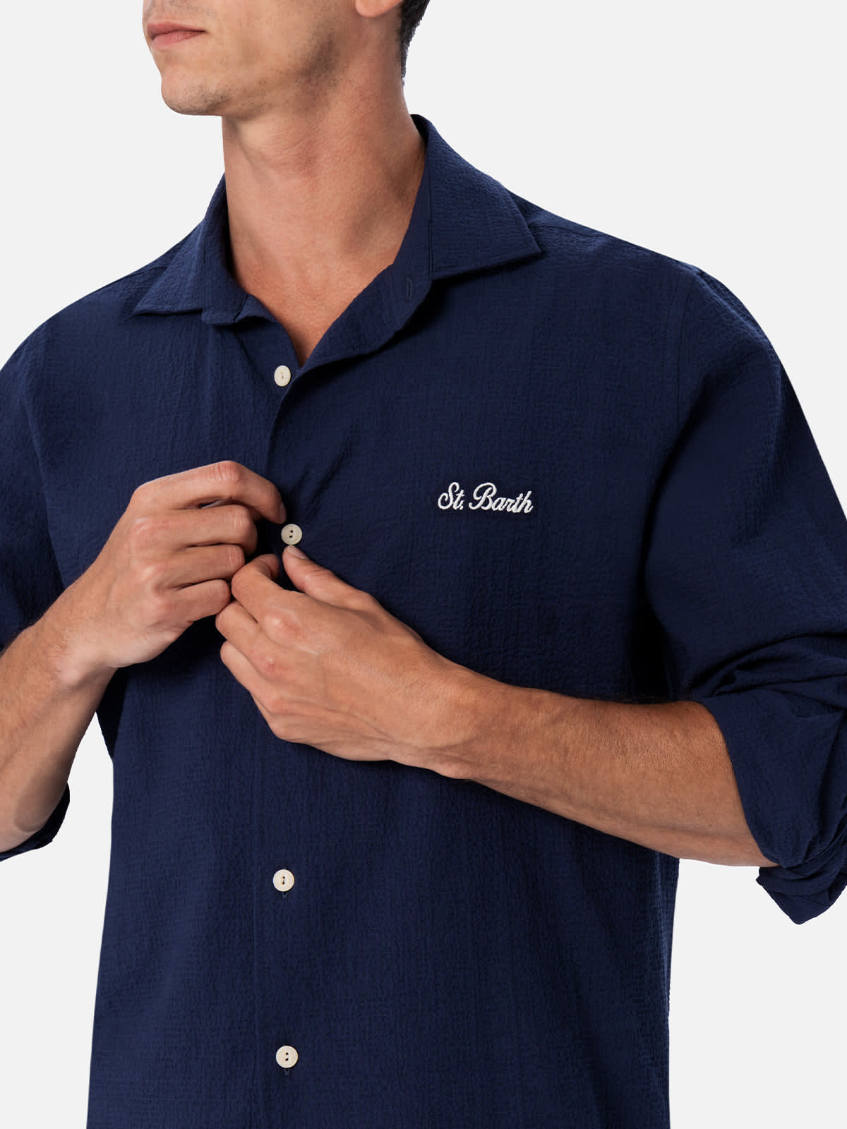 Mc2 Saint Barth Man Seersucker Blue Cotton Shirt Pamplona In Blue