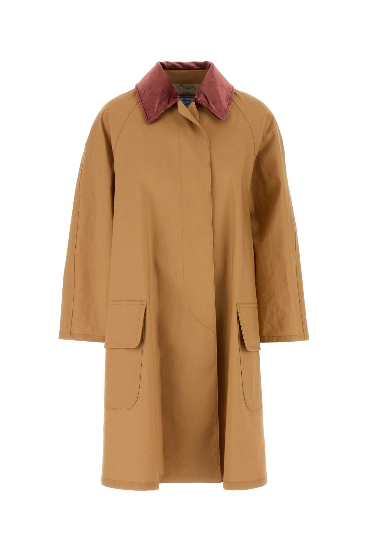 Prada Cotton Overcoat With Contrast Collar And Front Pockets In Miele